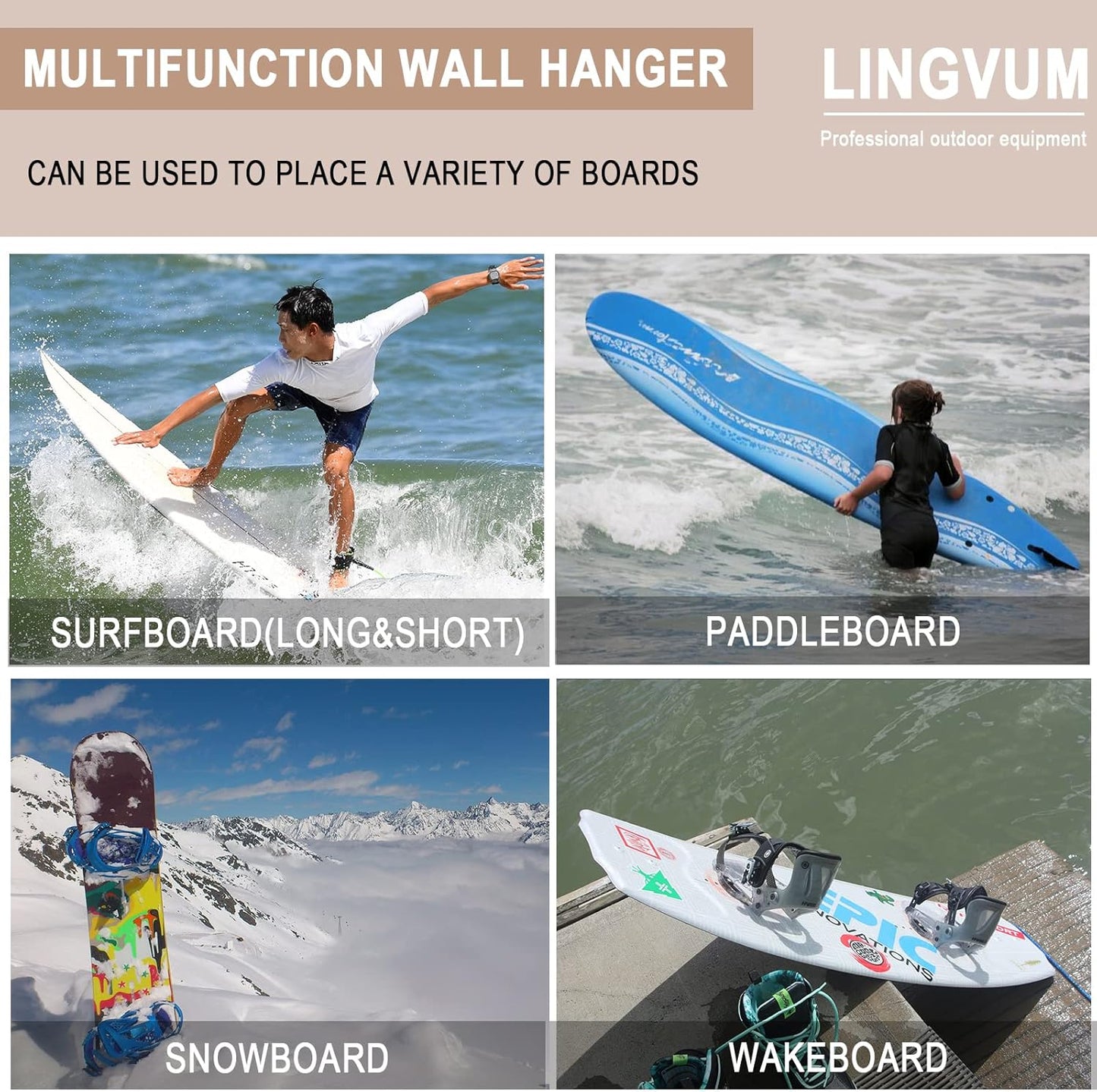 Surfboard Wall Mount Racks Sturdy Surf Board Wall Hangers Suitable for Longboards/Shortboards/Skateboards/Snowboards/Skiing Boards, Works Indoors and Outdoors, Bamboo