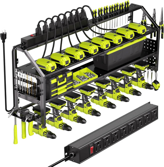 Power Tool Organizer Wall Mount with Charging Station, 8 Drill Holder with 8-Outlet Power Strip, Garage Cordless Drill Storage and Organization, Battery Utility Rack