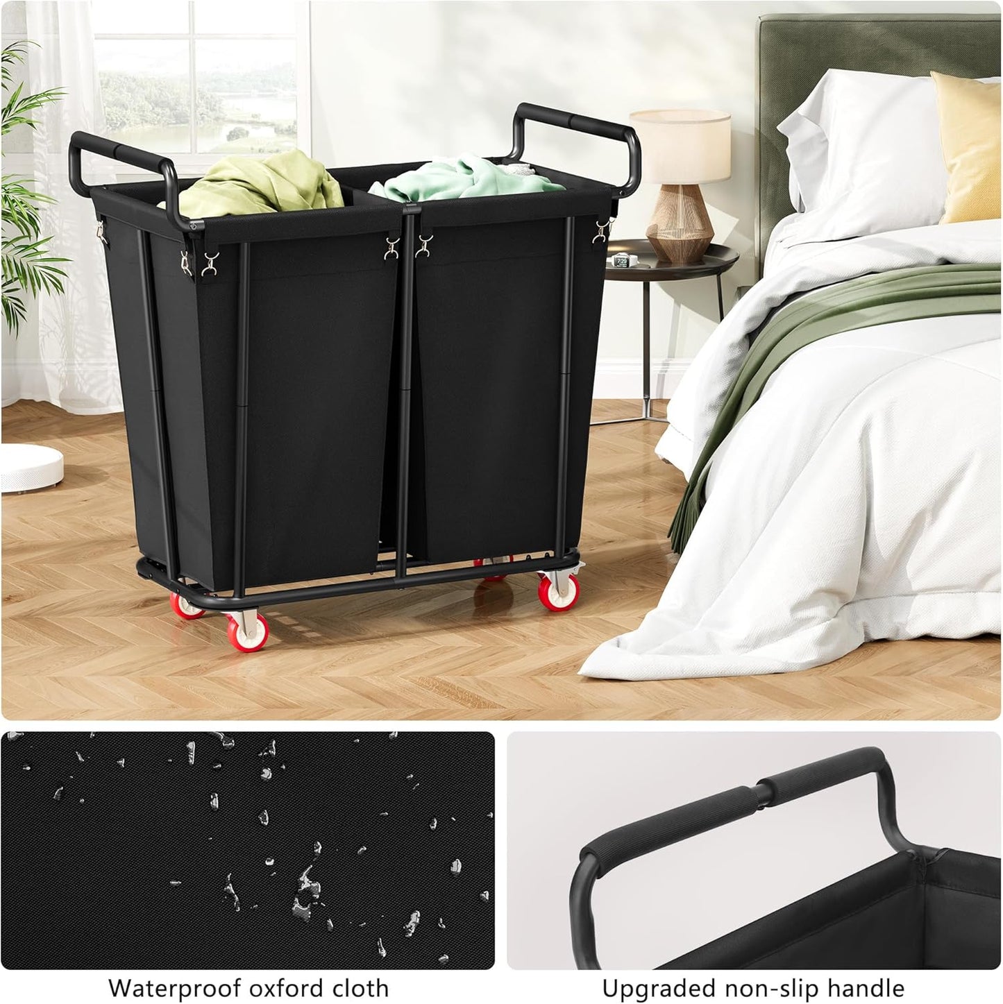 Large laundry hamper with Wheels, 2 Bag 360L Big Rolling Laundry Basket Sorter Cart, Extra Large Laundry Clothes Hamper, Heavy Duty Laundry Basket Organizer for Laundry Room,Bathroom