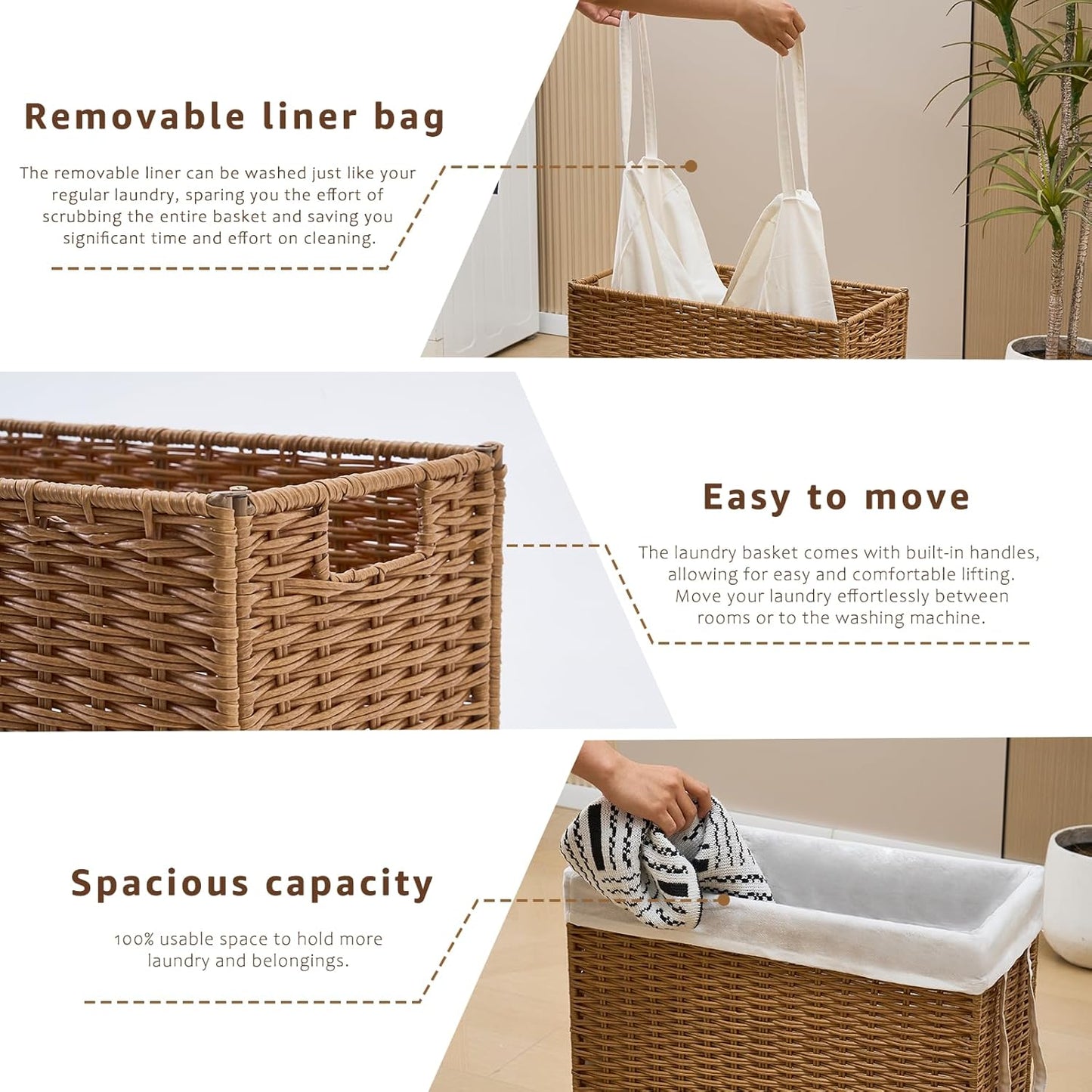 Slim Wicker Laundry Hamper, 75L Handwoven Rattan Basket with Handles, Narrow Laundry Basket with Removable Liner Bag & 2 Mesh Bags