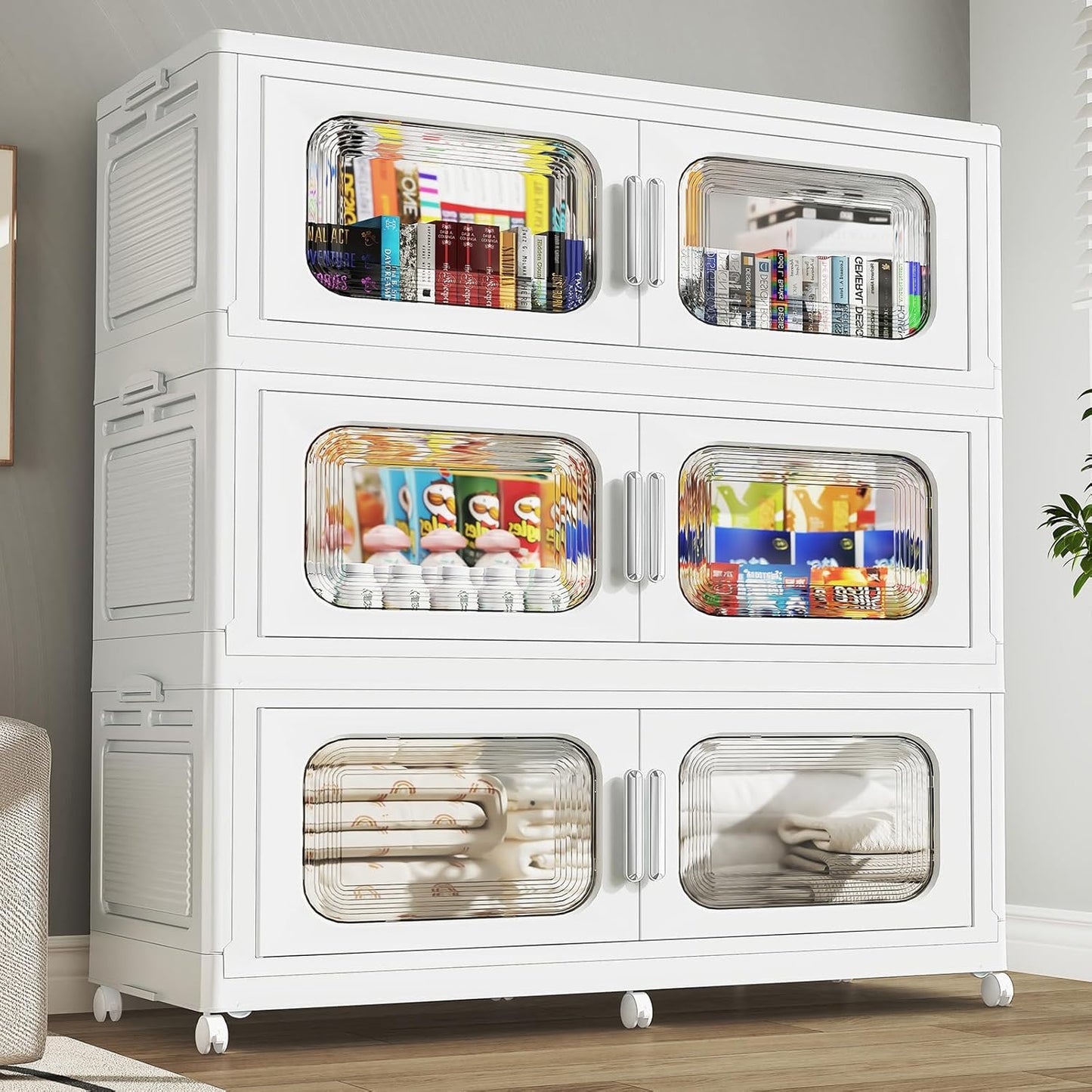 150 Gallon Extra Large Storage Bin with Lid and Wheels, Stackable Collapsible Plastic Storage Box with Door, Foldable Organizer for Closet, Kitchen, Office, Living Room, 3 Pack White
