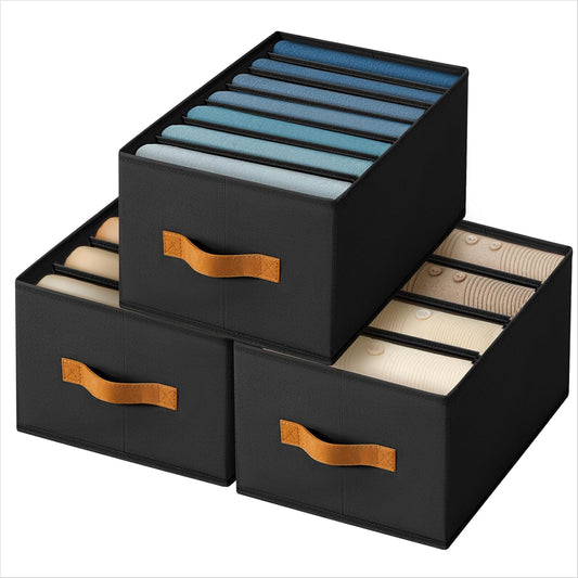 Clothes Organizers and Storage - 4/5/7 Grids Fabric Jeans Organizer with Handles, Foldable Closet Organizers Dividers, Wardrobe organizer for Pant, Sweater, T-shirt, Scarf, 3 Pack, Black