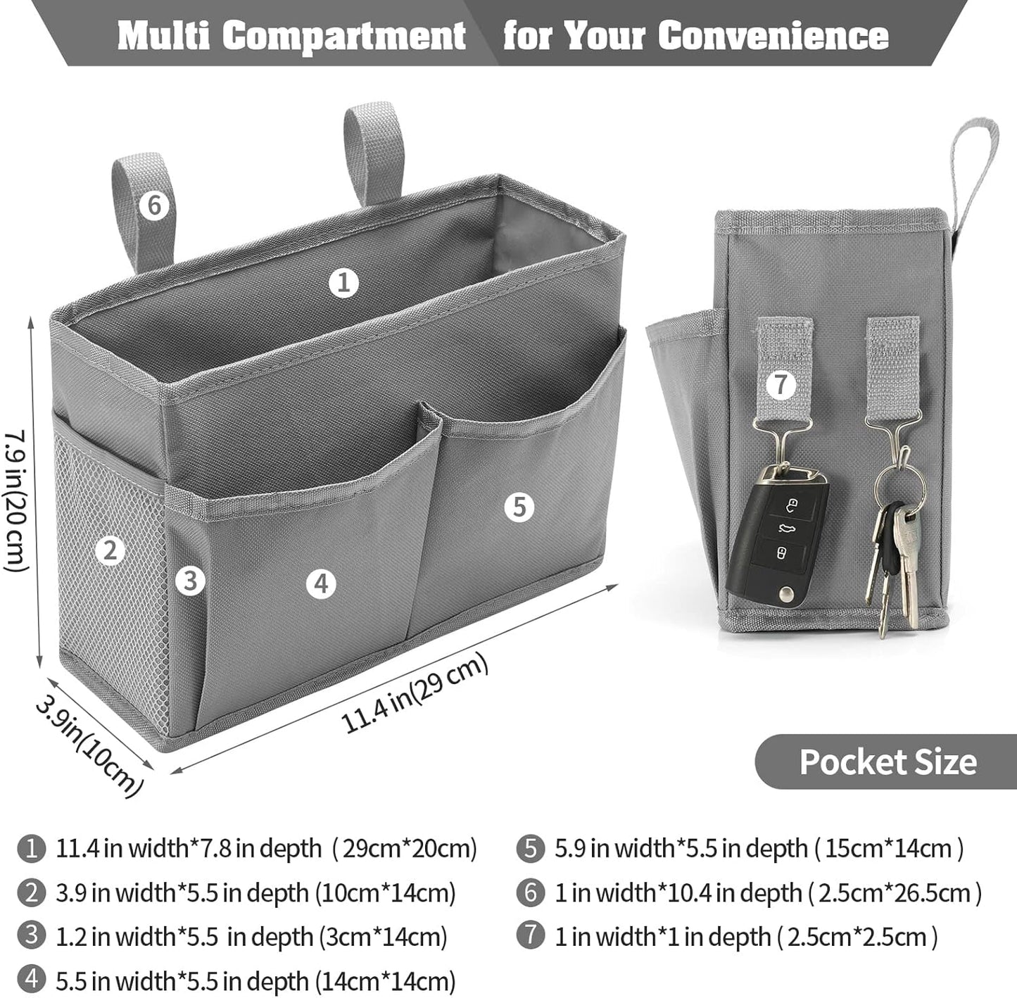 Bseash Bunk Bed Organizer, Bedside Caddy Hanging Bed Organizer Storage Bag with 4 Pockets and 2 Hooks, for College Dorm Rooms Bed, Hospital Bed, Baby Bed Rails, 600D Oxford Cloth (Gray)