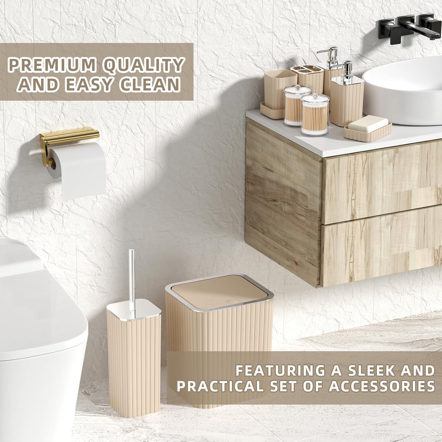 Bathroom Accessories Set - 25PC Bathroom Sets with Shower Curtain and Rugs, Beige Bathroom Set with Trash Can, Soap Dispenser, Soap Dish & Toilet Brush