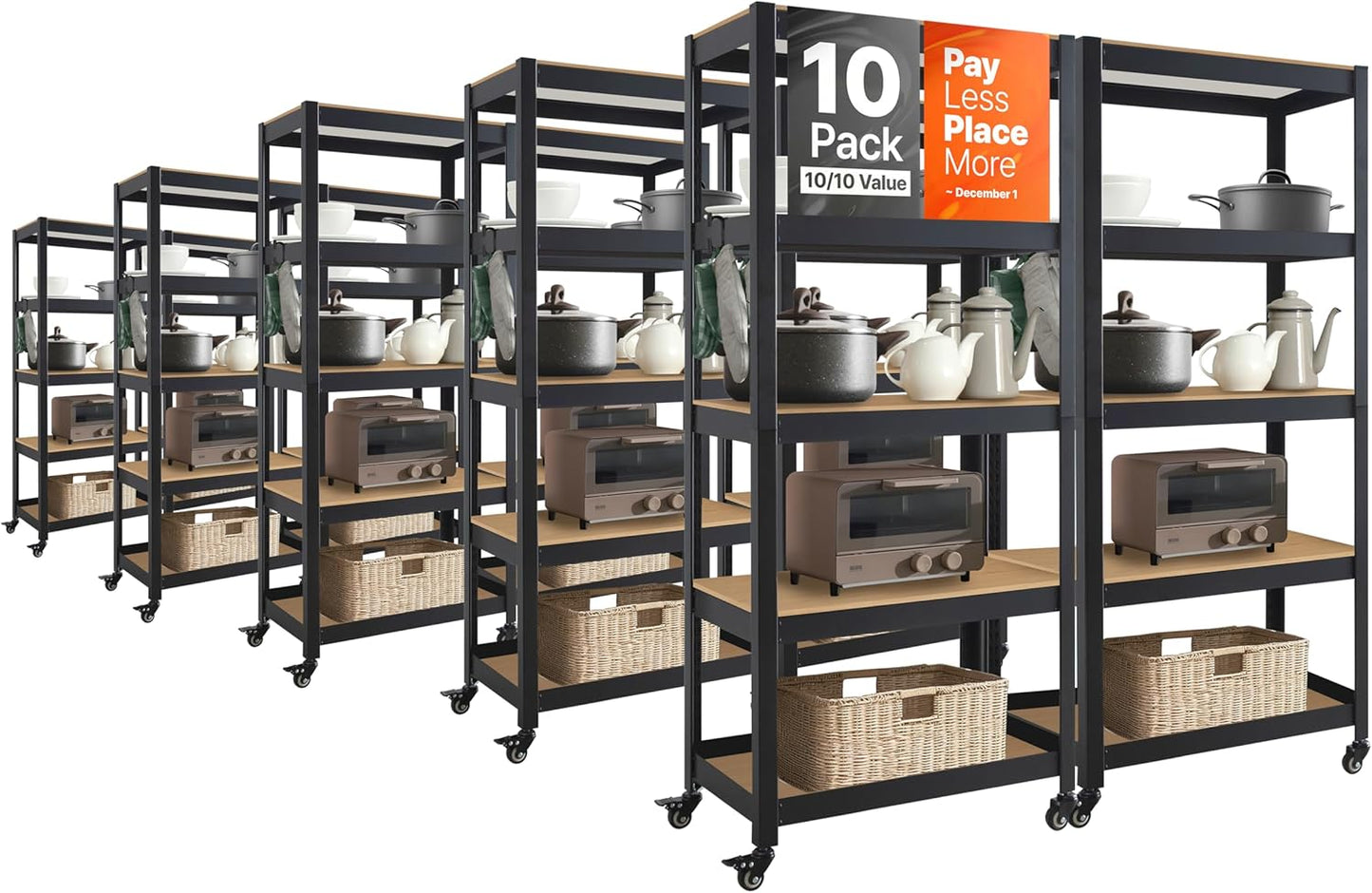 HOMEDANT House 5-Tier Metal Rolling Cart Shelf Rack Casters Heavy Duty Wheel Shelving Unit Adjustable Utility Storage Shelves Organizer Shelf Kitchen Garage 24.4" W x 16.5" D x 62.2" H 10Pack