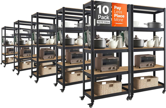 HOMEDANT House 5-Tier Metal Rolling Cart Shelf Rack Casters Heavy Duty Wheel Shelving Unit Adjustable Utility Storage Shelves Organizer Shelf Kitchen Garage 24.4" W x 16.5" D x 62.2" H 10Pack