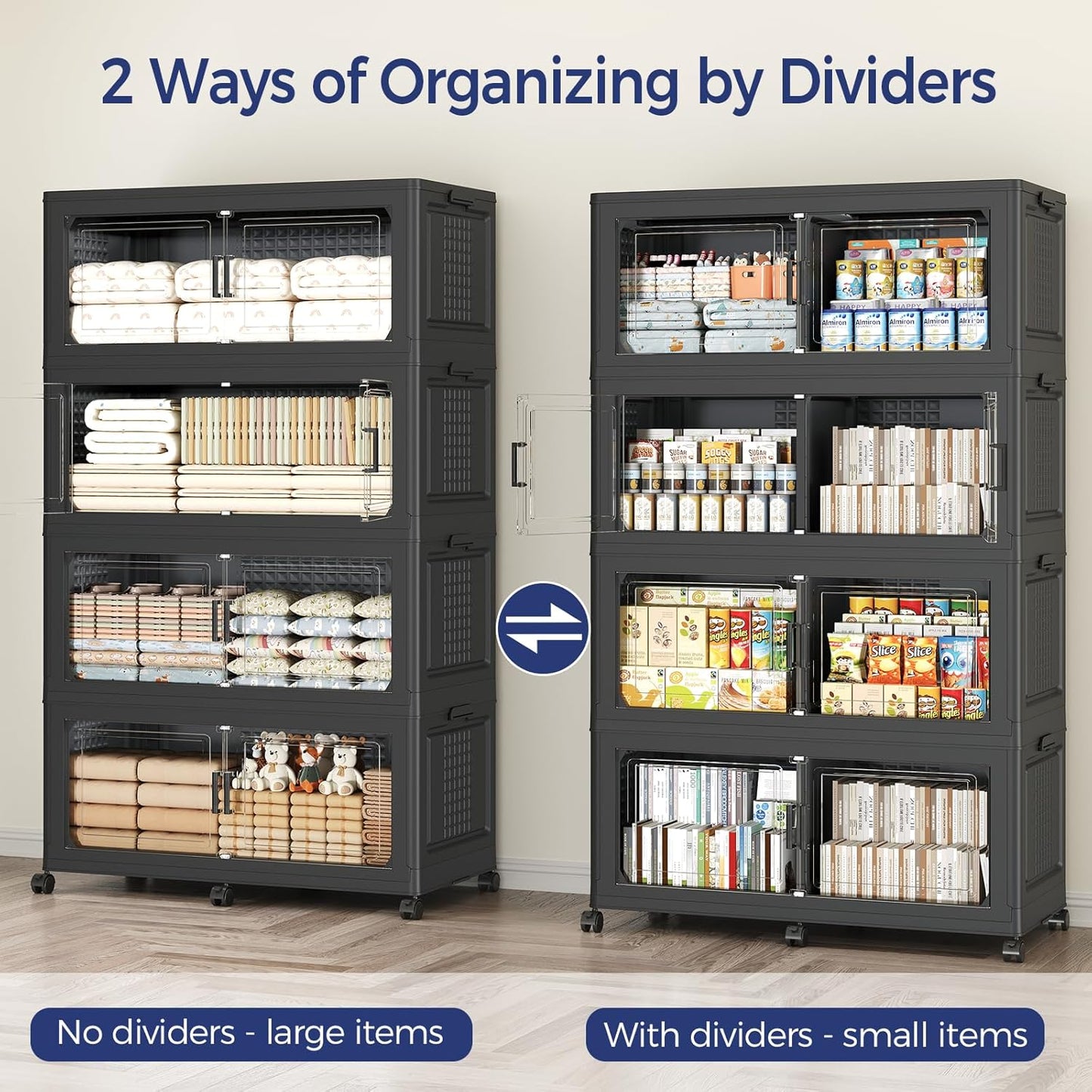 120Gal Stackable Storage Bins with Lid, 480Qt Extra Large Collapsible Storage Box with Wheels, Dividers, Folding Plastic Cabinet Closet Organizers for Home Kitchen Office Dorm, 3Pack Black