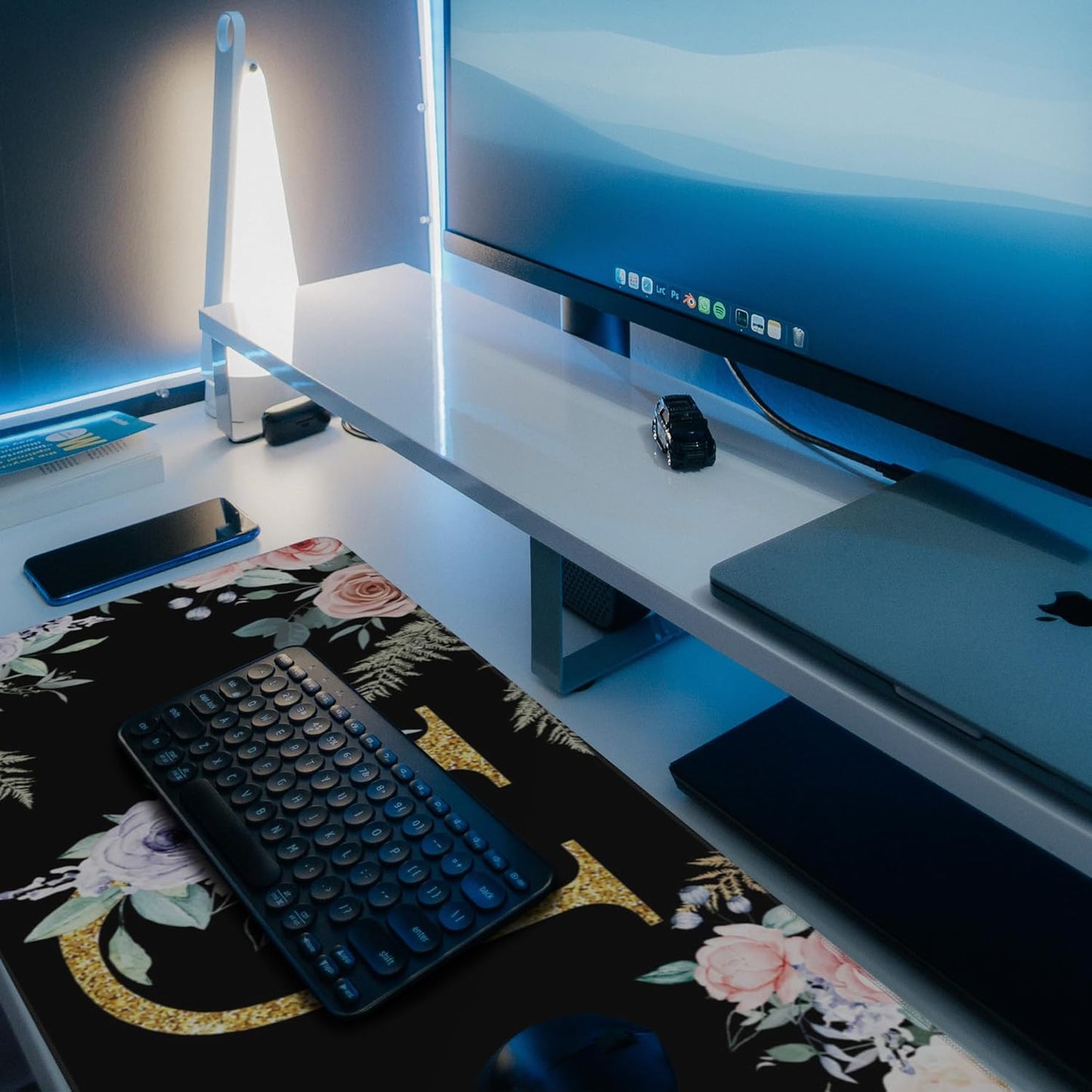 Large Gaming Mouse Pad for Desk, Flower Golden Letters U Desk Mat, 35.4"x15.7" Big Mouse Pad with Non-Slip Base and Stitched Edge, Long Computer Keyboard Mouse Mat for Home Office Work