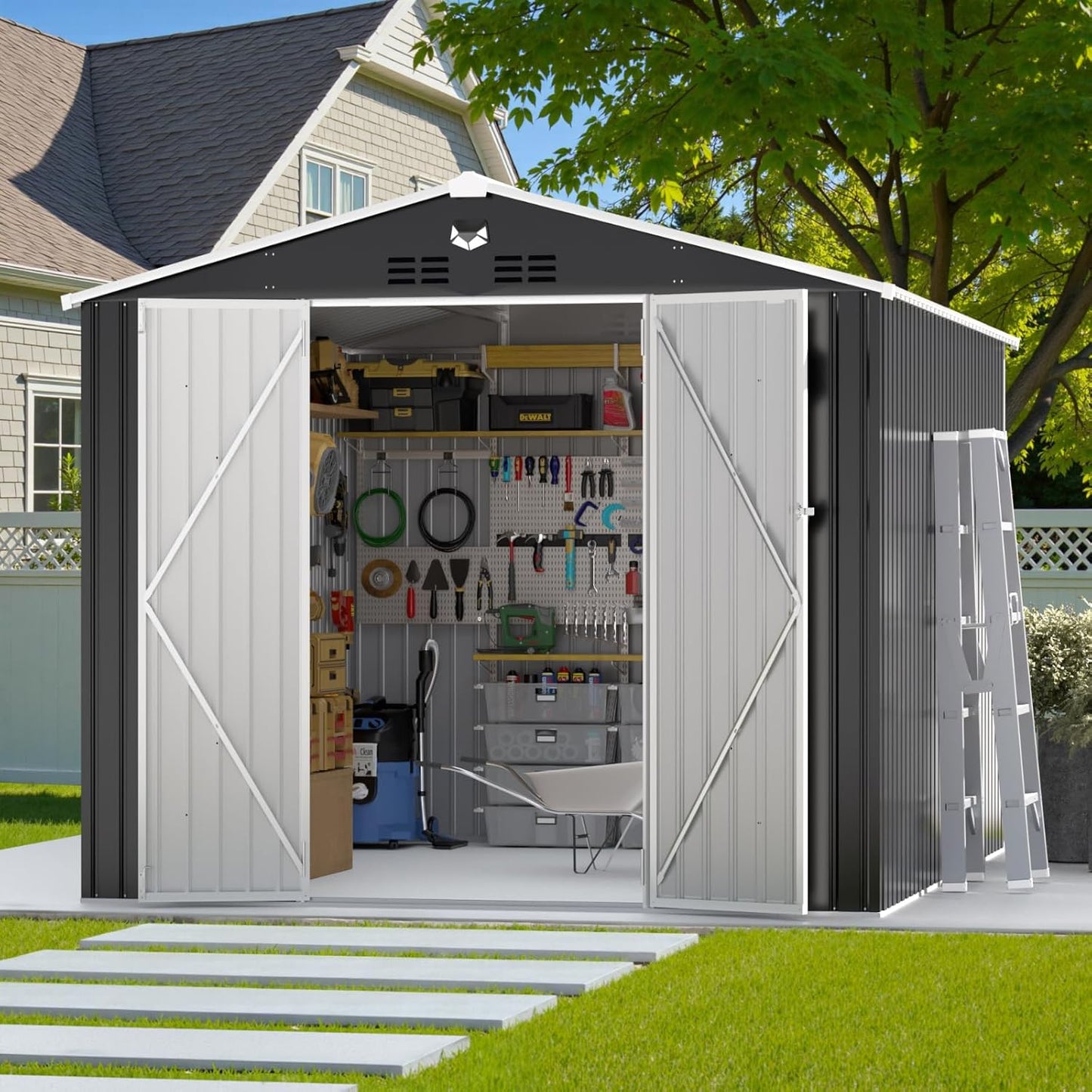 10X12 FT Outdoor Storage Shed, Metal Garden Shed - Tool Storage Sheds with Lockable Doors, Waterproof Outside Storage Building for Backyard, Patio (Black; Floor Not Included)