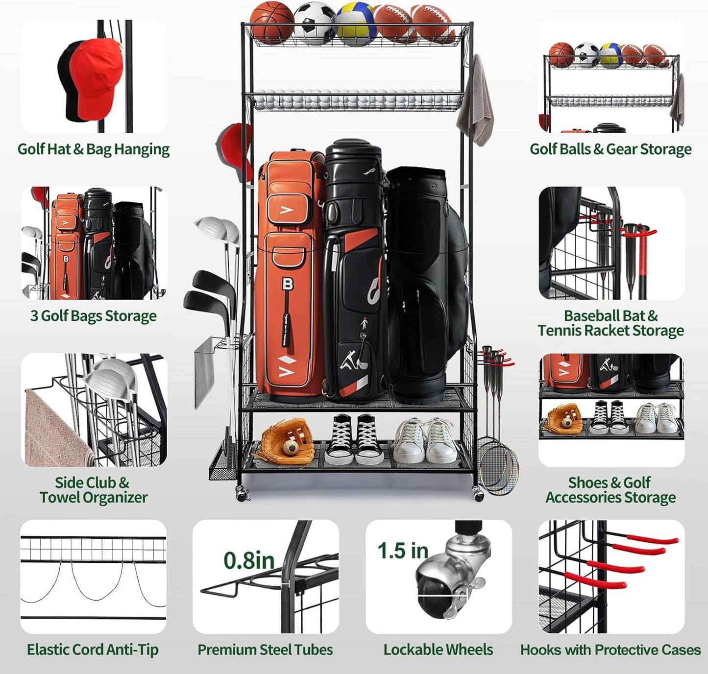 Golf Bag Storage Garage Organizer, 3 Golf Bags Organizer and Golfing Equipment Accessories Storage Rack, Sports Equipment Storage Organizer with Wheels, 4 Hooks, and Extra Club Display Rack