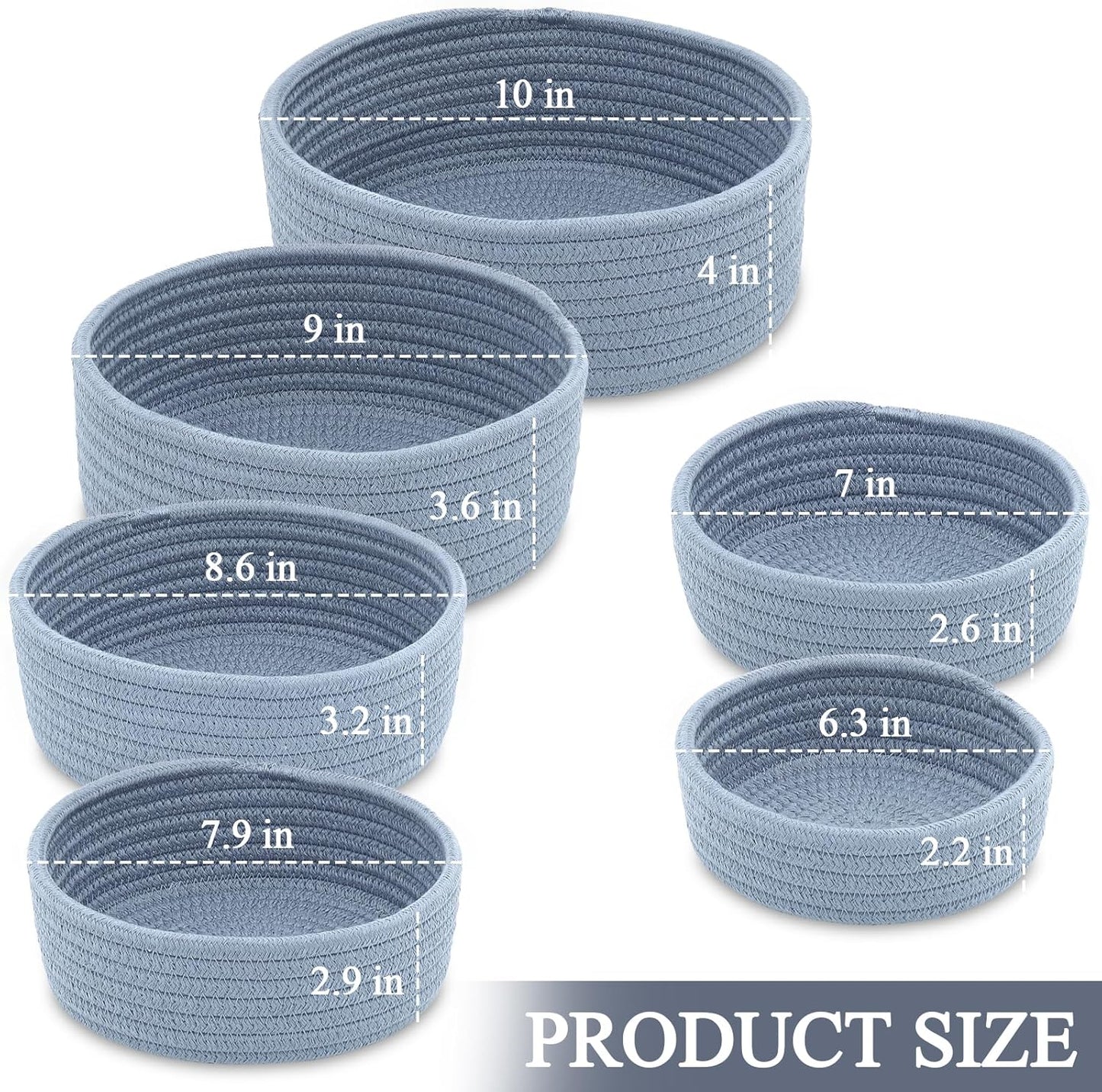 Small Shelf Storage Baskets for Organizing, 6 Pack Round Cotton Rope Bins, Decorative and Cute Woven Baskets for Bedroom and Closet, Key Tray Bowl, Home Decor Countertop Organizer (Blue)