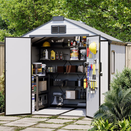 8 x 6 FT All-Weather Plastic Garden Shed, Resin Outdoor Storage Shed with Floor, Lockable Doors & Windows, Plastic Tool Shed for Poolside, Backyard, Patio