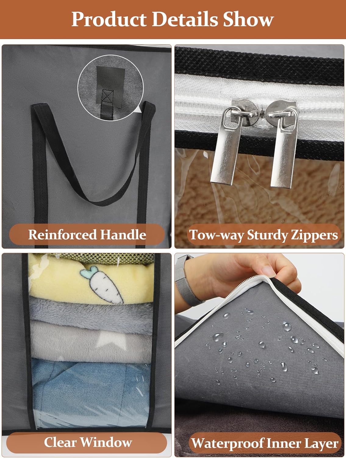 punemi 120L Blanket Storage Bags, Foldable Clothes Storage Organizer with Zipper, Reinforced Handle & Clear windows, Large Storage Bags for Blanket, Comforter, Bedding, Pillow, Clothes, 3Pack, Gray