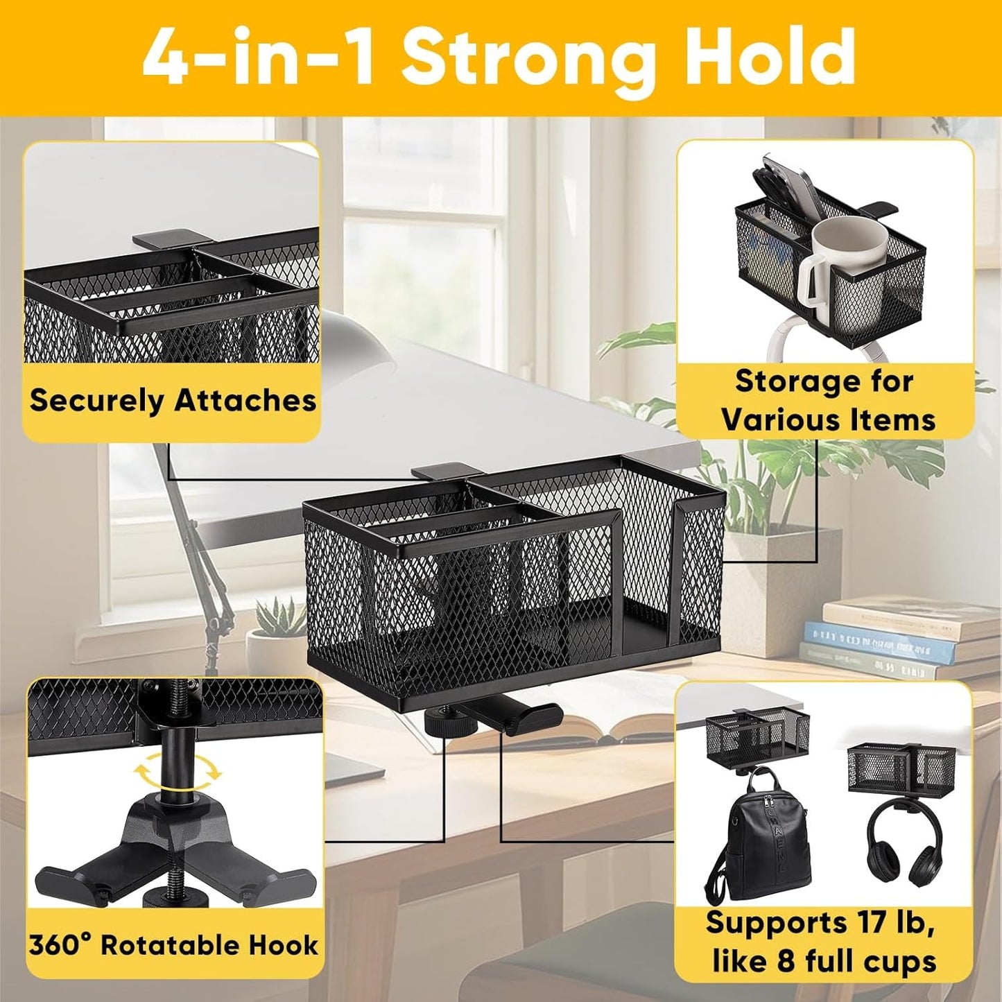 4 in 1 Metal Clip On Cup Holder Attachment for Gaming Desk or Table, Sturdy and Easy to Clamp, Attachable Anti-Spill Cup Holder for Salon Chair, Bedside, Water Bottles, Drinks, Headphones - Black