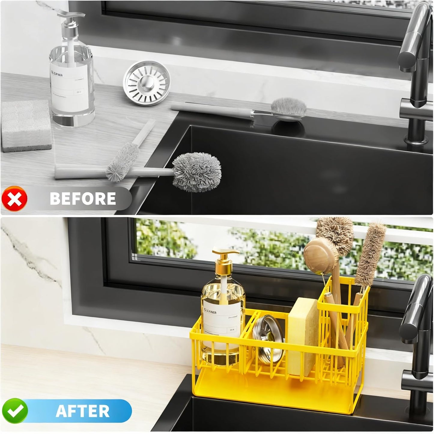 Cisily Yellow Sink Caddy Organzier with High Brush Holder, Sponge Holder for Sink, 304 Rustproof Stainless, Kitchen Countertop Soap Dispenser Organizer,Yellow Kitchen Decor and Accessories