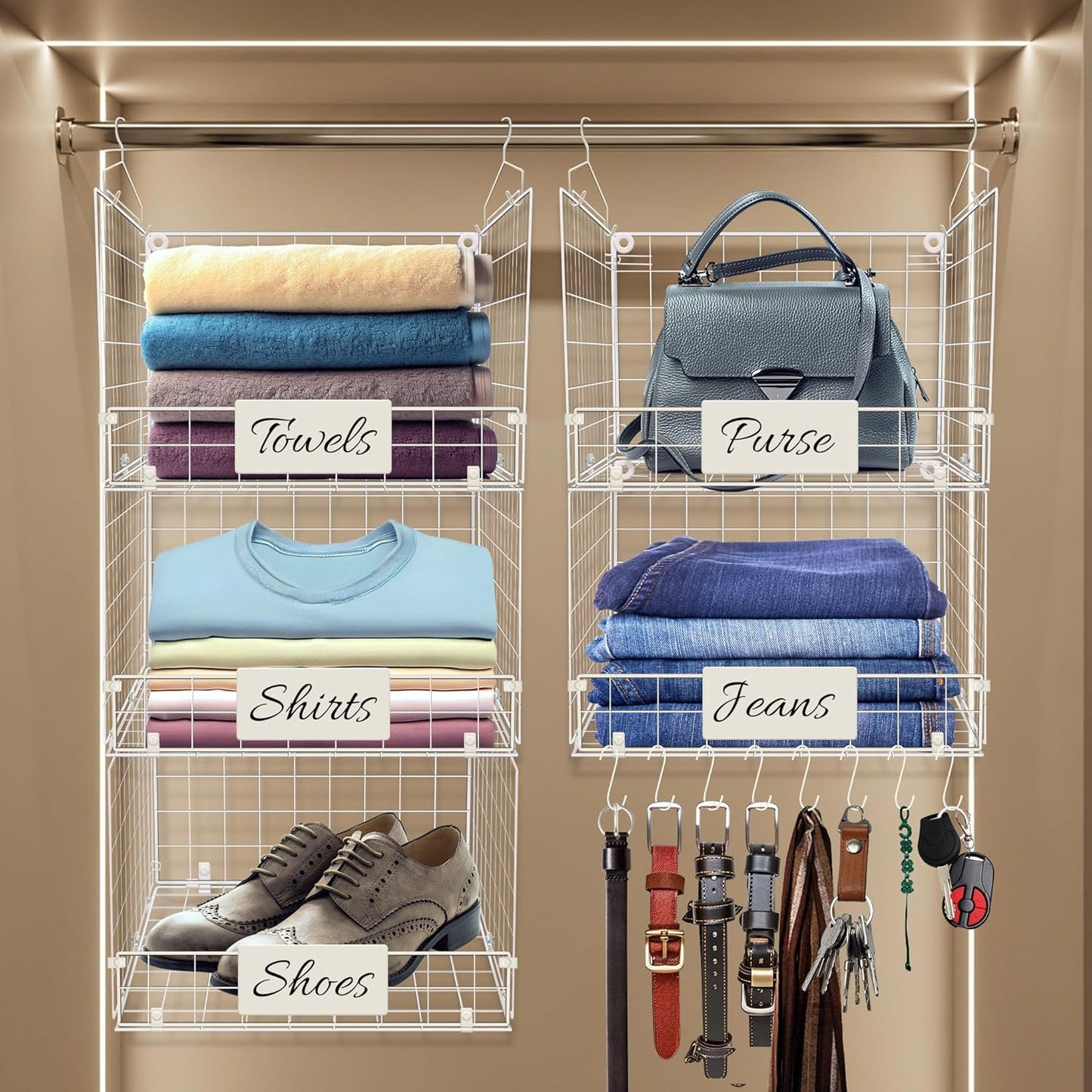 DECOLURE 5-Tier Adjustable Hanging Closet Organizer – Maximize Hanging Storage w/ 4 Hanging Hooks, 8 S Hooks & 5 Name Plates - Sturdy Foldable Wire Storage Hanging Shelves for Clothes, Towels (White)