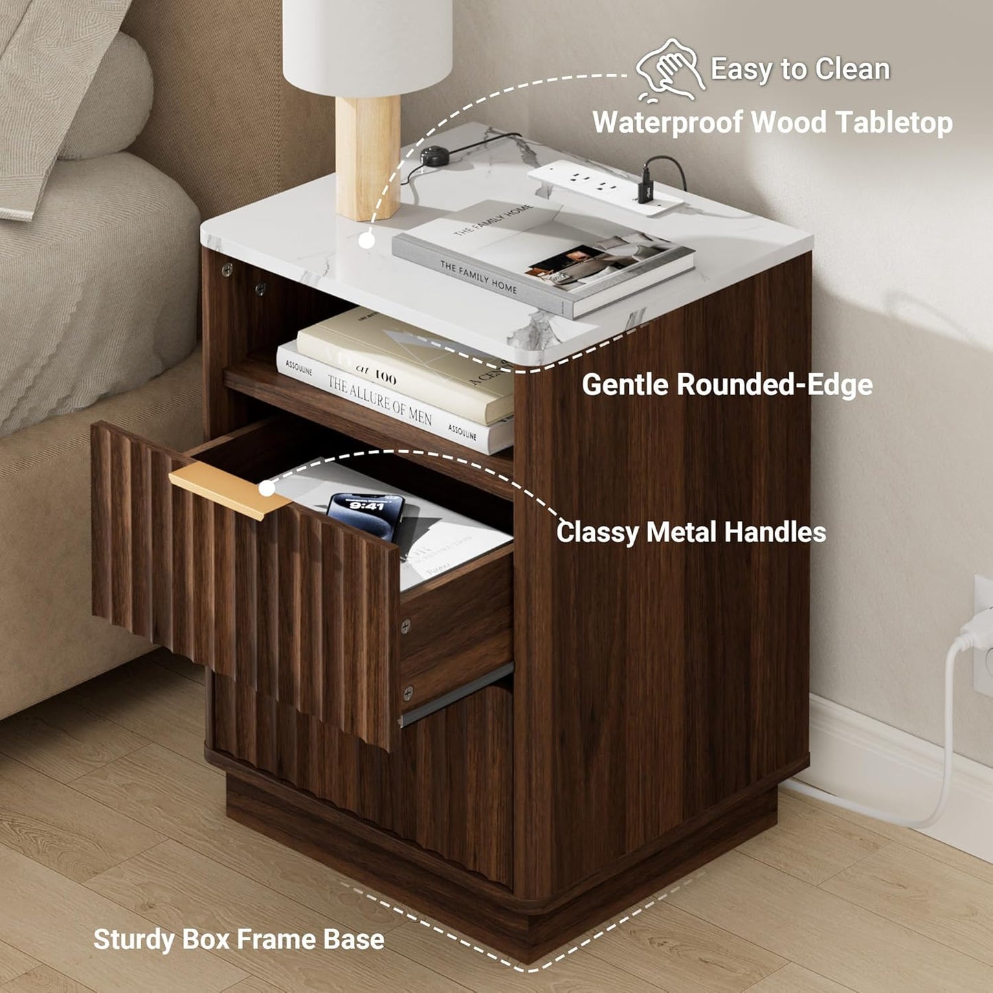 Fluted Night Stand Set of 2 with Charging Station, 18" Modern Nightstand with Faux Marble Top, 2 Drawers End Table with Storage, Bedside Table for Bedroom Living Room,Curved Profile(Walnut)