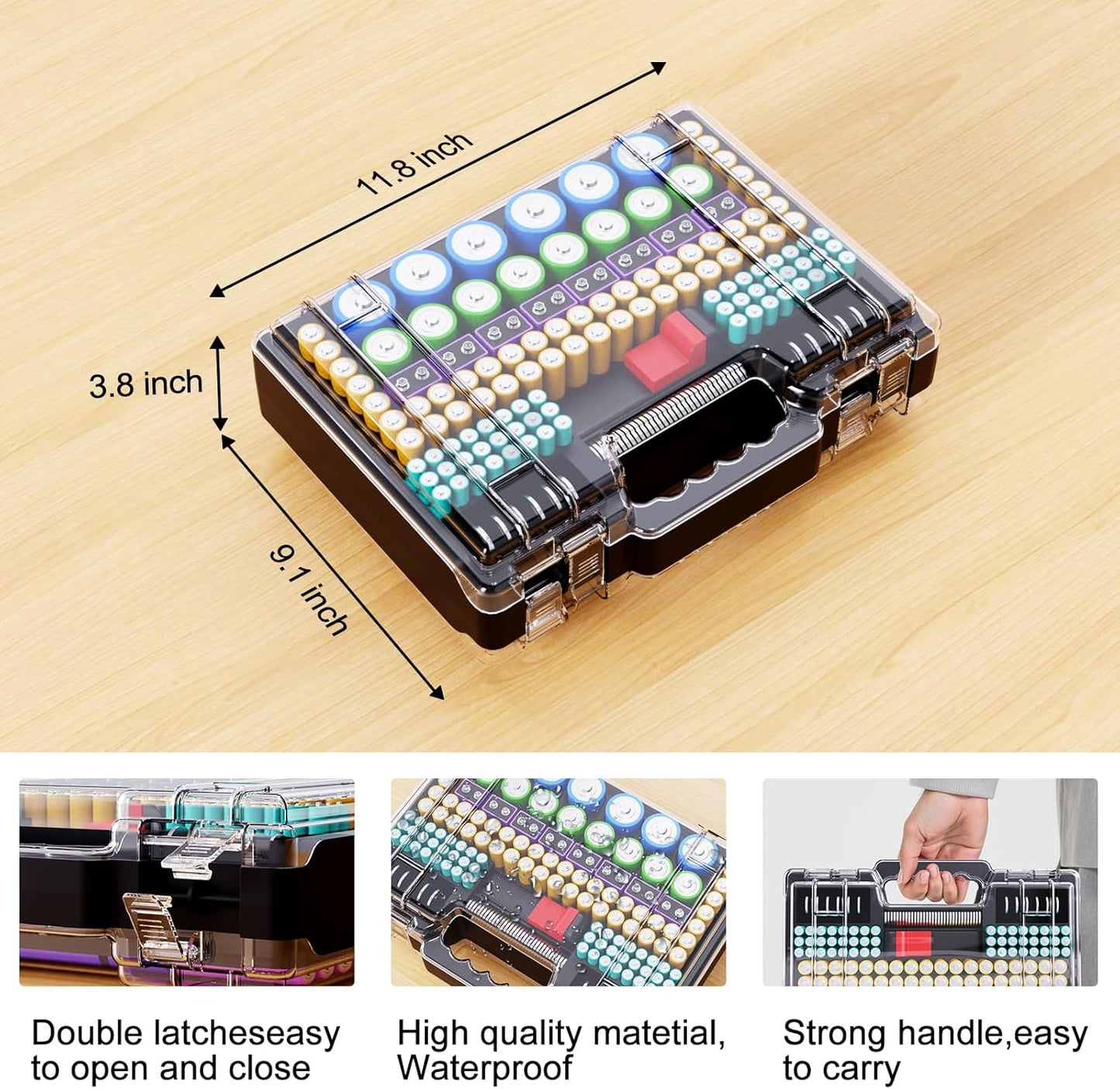 Battery Organizer Storage Holder Box Case with Tester, Ultra-Large 262+ Batteries Container with Double-Sided, Holds AA AAA 4A 23A C D Cell 9V 3V Lithium 4LR44 CR3 CR123A 18650 (Black)