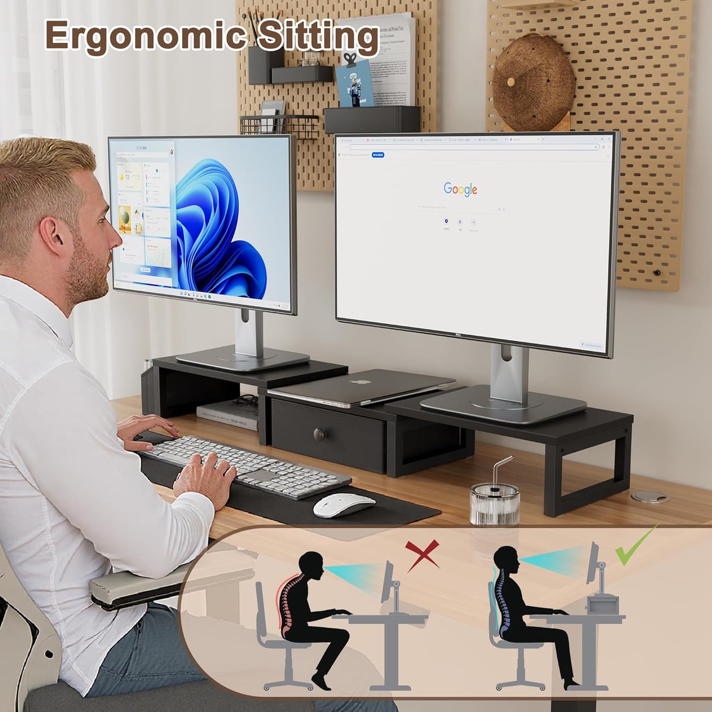 LAND·VOI Dual Monitor Stand with Drawer and Side Pockets, Monitor Riser for Desk, Home Office Desk Storage, Multi-Scenario Adaptation for Work and Entertainment, Black, HMS02BK