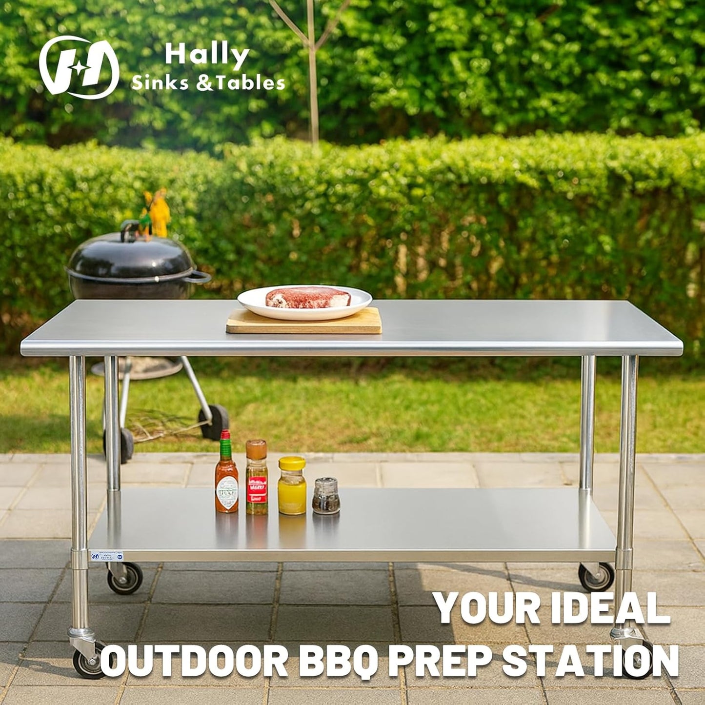 Hally Stainless Steel Table for Prep & Work 24 x 36 Inches with Caster Wheels, NSF Commercial Heavy Duty Table with Undershelf and Galvanized Legs for Restaurant, Home and Hotel