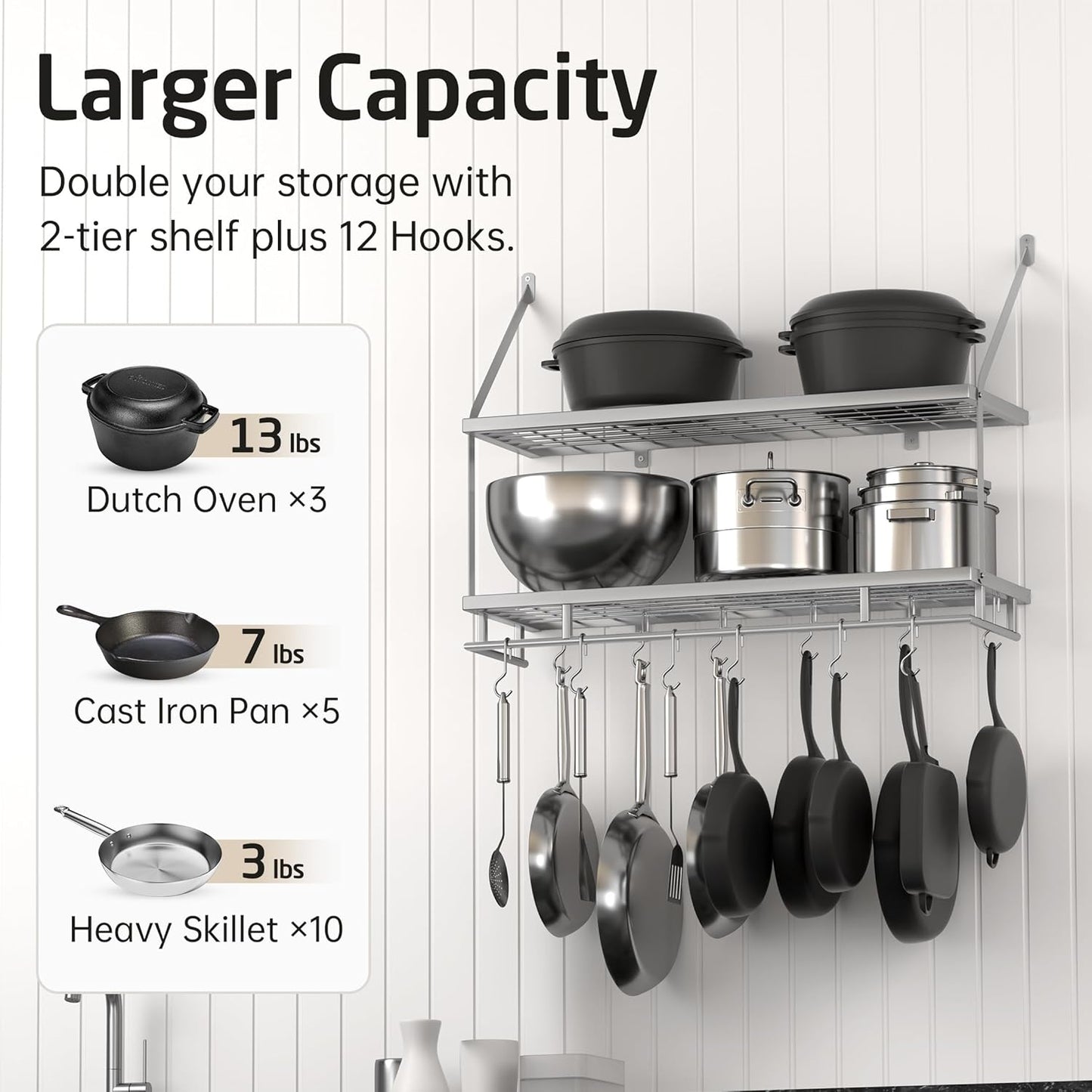 KES 30-Inch Silver Gray Pot Rack Wall Mounted, 2-Tier Hanging Pot and Pan Organizer with 12 Sturdy Hooks, Kitchen Wall Hanger Shelves Modern, KUR215S75B-SG