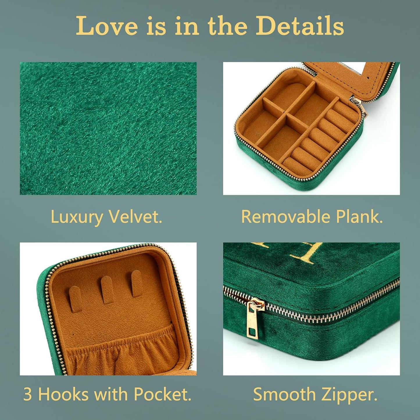 Parima Travel Jewelry Case - Small Mini Box for Women, Organizer, Personalized Custom Monogrammed Letter J, Green