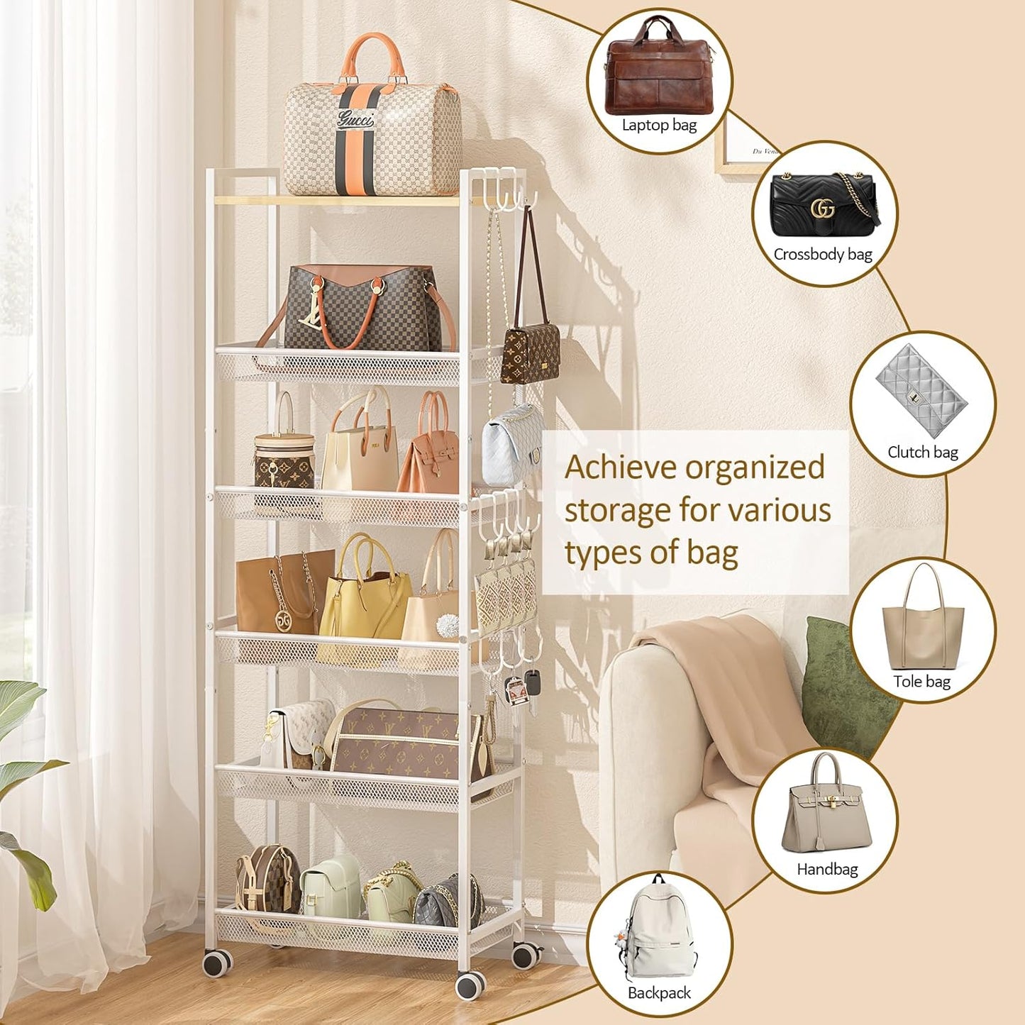 6 Tier Tall Purse Organizer for Closet, Large Capacity Bag Organizer with 12 Hooks, Rolling Purse Rack Stand with Lockable Wheels & Wooden Top, Heavy Duty Handbag Storage Shelf for Bedroom Entryway