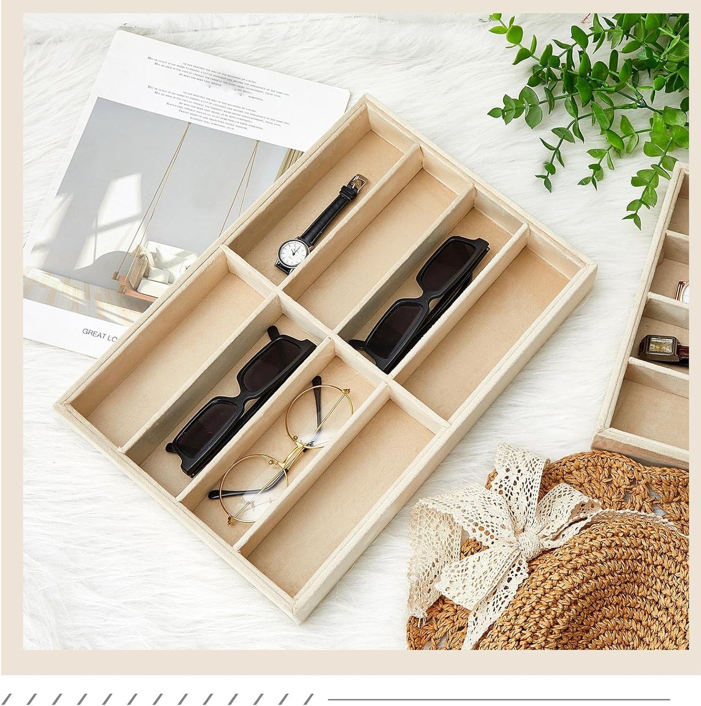 Amylove 2 Pcs Sunglass Organizer Trays Glasses Stackable Jewelry Trays Sunglass Organizer Display Box(8 Grids,Beige)