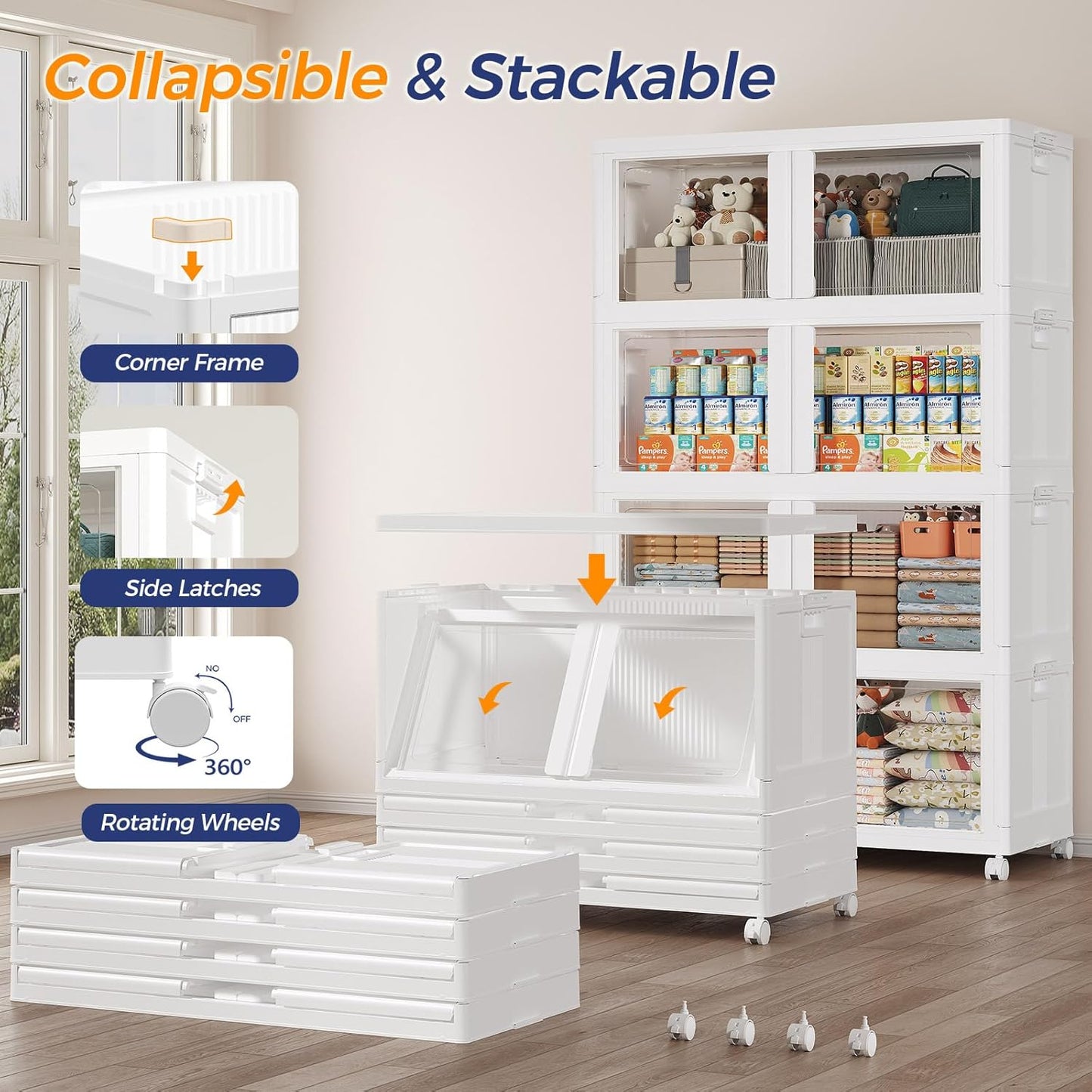 600Qt Stackable Storage Bins with Lid and Wheels, 150Gal Plastic Closet Organizer and Storage Drawer, Large Collapsible Storage Box Cabinet with Clear Door for Home Kitchen Office, 5Pack White