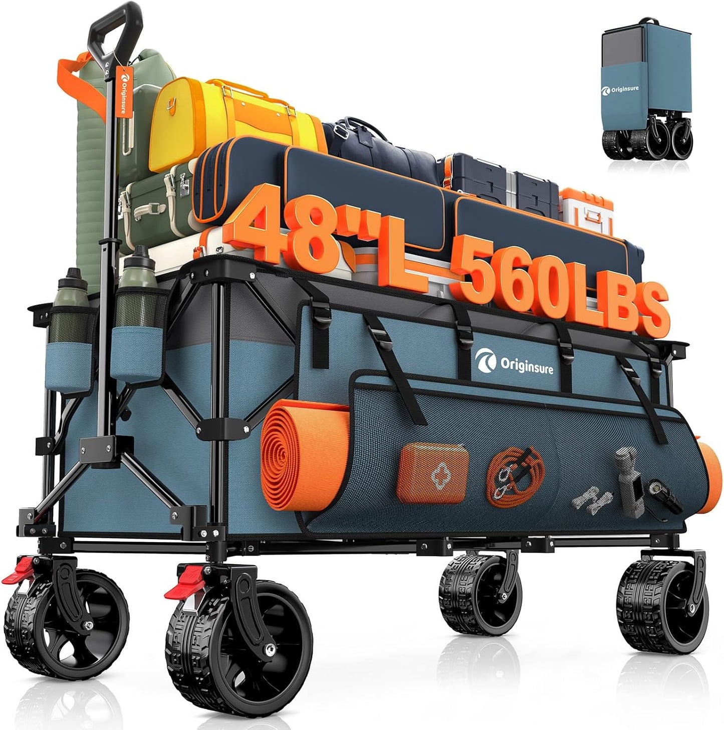 48" L Folding Beach Wagon Cart Foldable, 560lbs Weight Capacity 300L Heavy Duty Collapsible Wagons with Big All-Terrain Wheels, Utility Carts for Groceries, Shopping, Camping, Sports - Grey&Blue