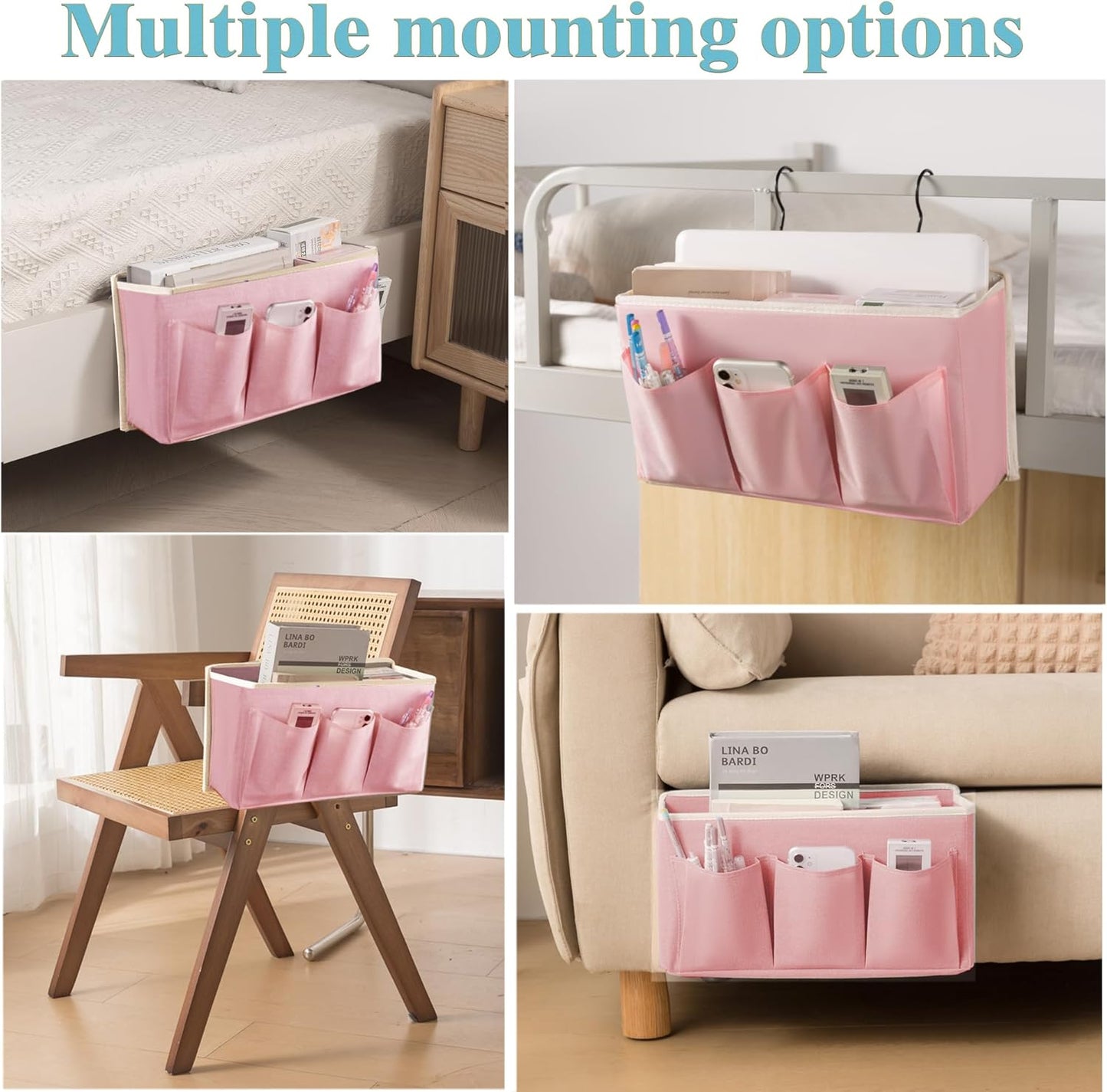 Bedside Caddy/Bedside Storage Organizer Hanging Bag with Three Options,Suitable for home beds, sofas, and dormitory beds—can hold magazines, books, phones, iPads, remote controls. (Pink)