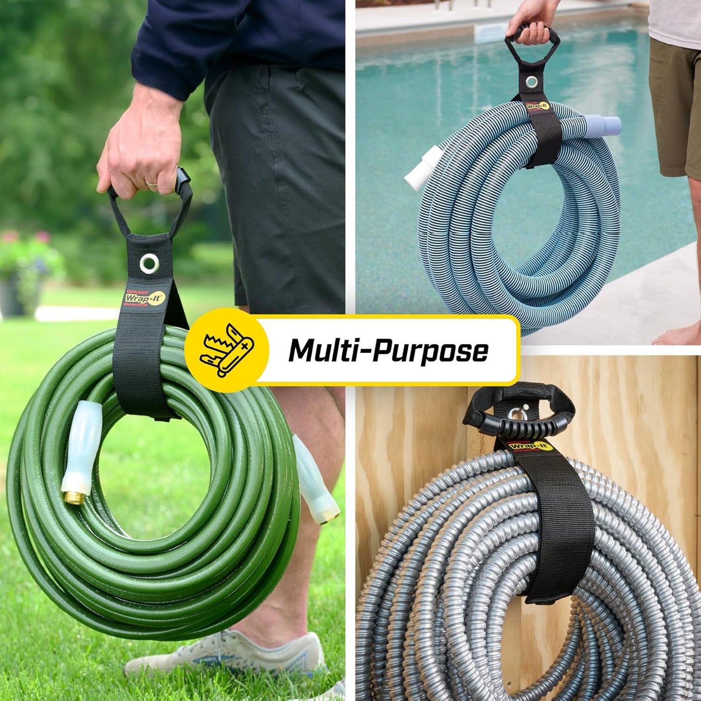 Easy-Carry Wrap-It Storage Straps - 48” (2-Pack) Black with Grommet - Garden Hose Caddy and Cord Wrap for Indoor and Outdoor Cable Organizing