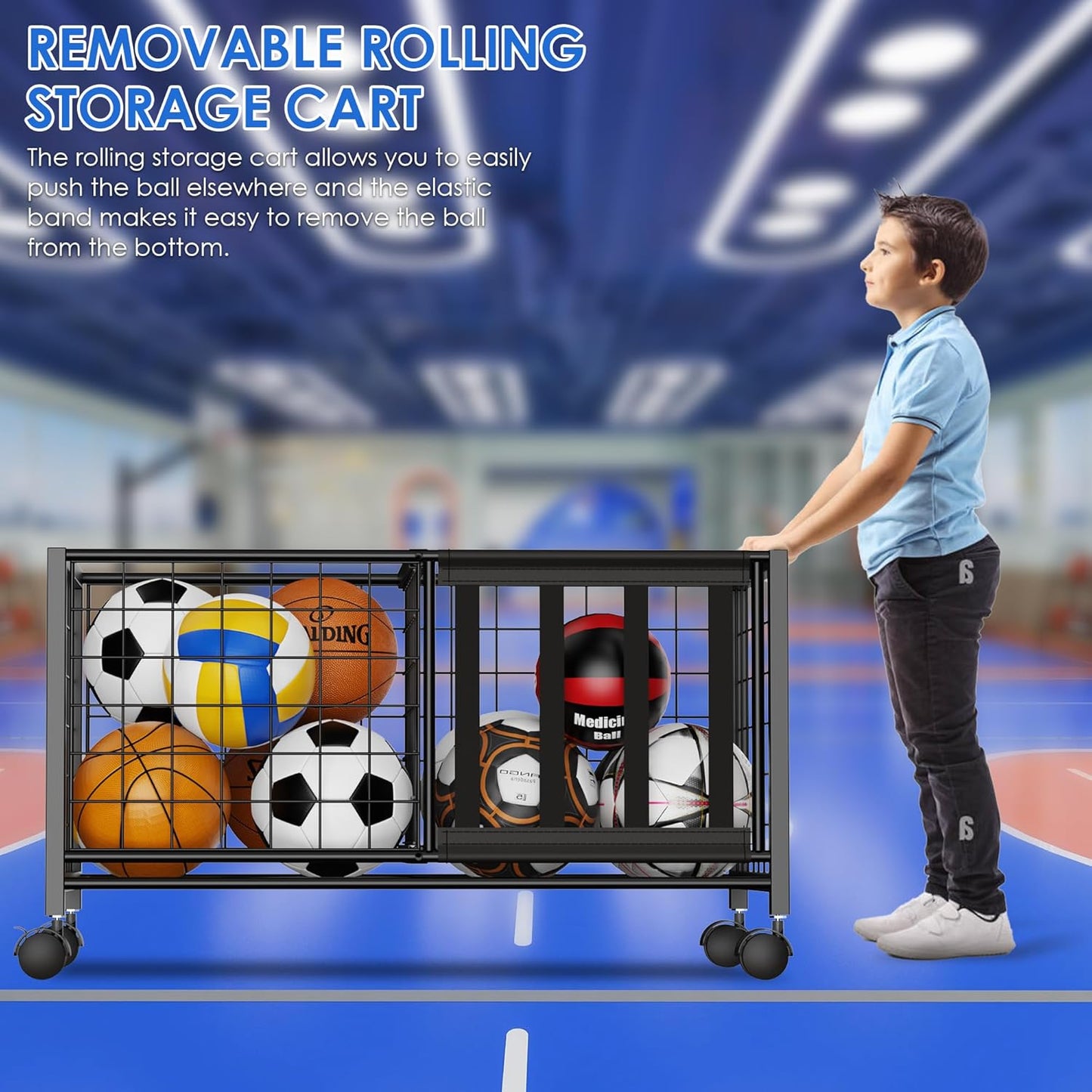 Garage Ball Storage, 2 in 1 Sports Equipment Organizer, Garage Organizer with Basket and Hooks, Individually Movable Rolling Sports Ball Organizer Cart, Black