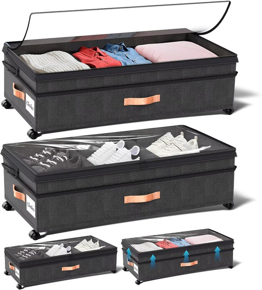 Under Bed Storage with Wheels, 2 Pack XXL Rolling Storage Containers, 10'' Adjustable Underbed Organizer with Lids for Clothes Blankets Shoes, Black