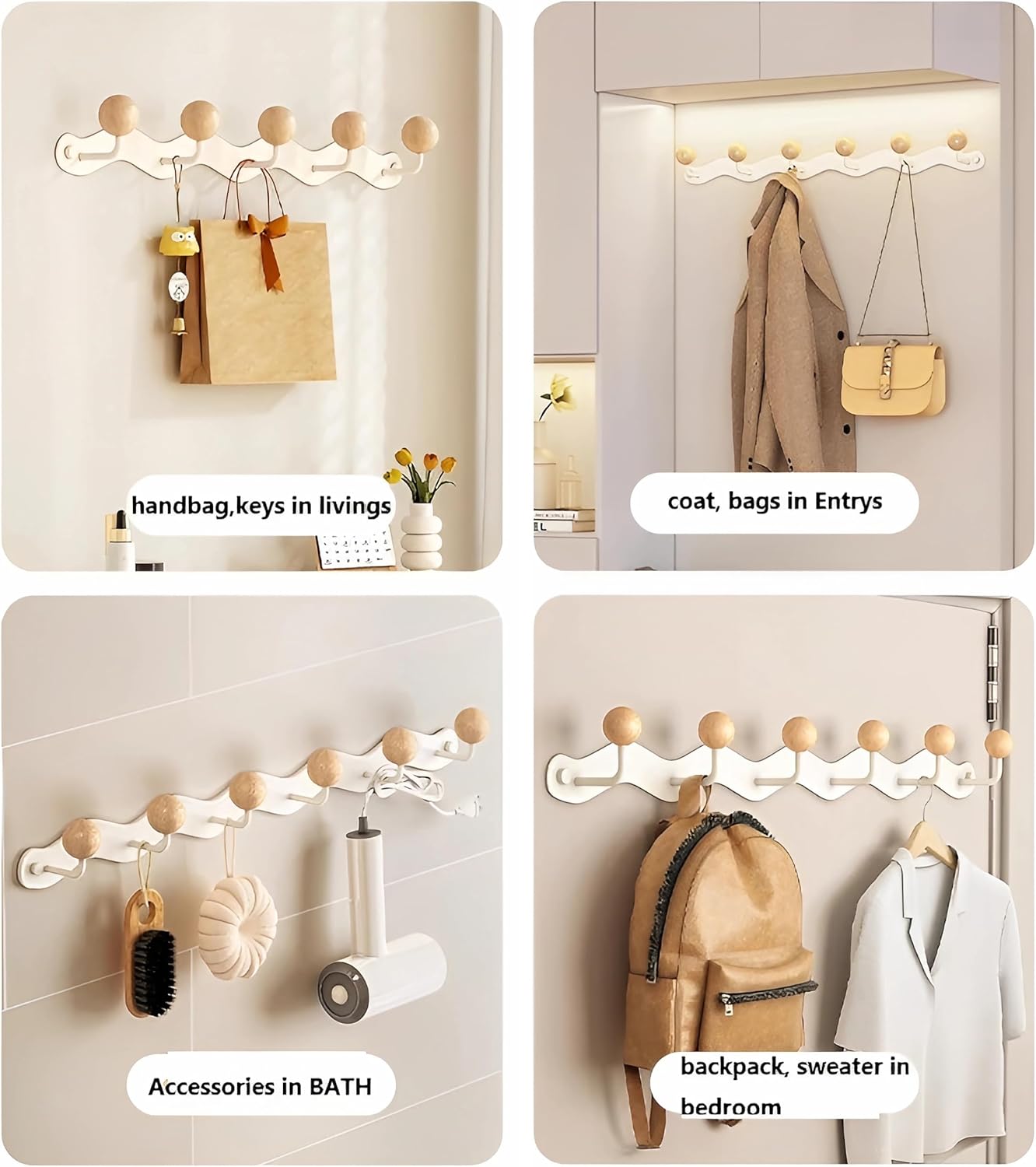 Coat Rack Wall Mounted,White Coat Hooks Adhesive & Screw in,Anti-Tear Wooden Ball Hook Rail, Heavy Duty Metal Coat Hangers for Entryway, Bathroom, Bedroom, Kitchen 2PACK (4-tri Hooks)