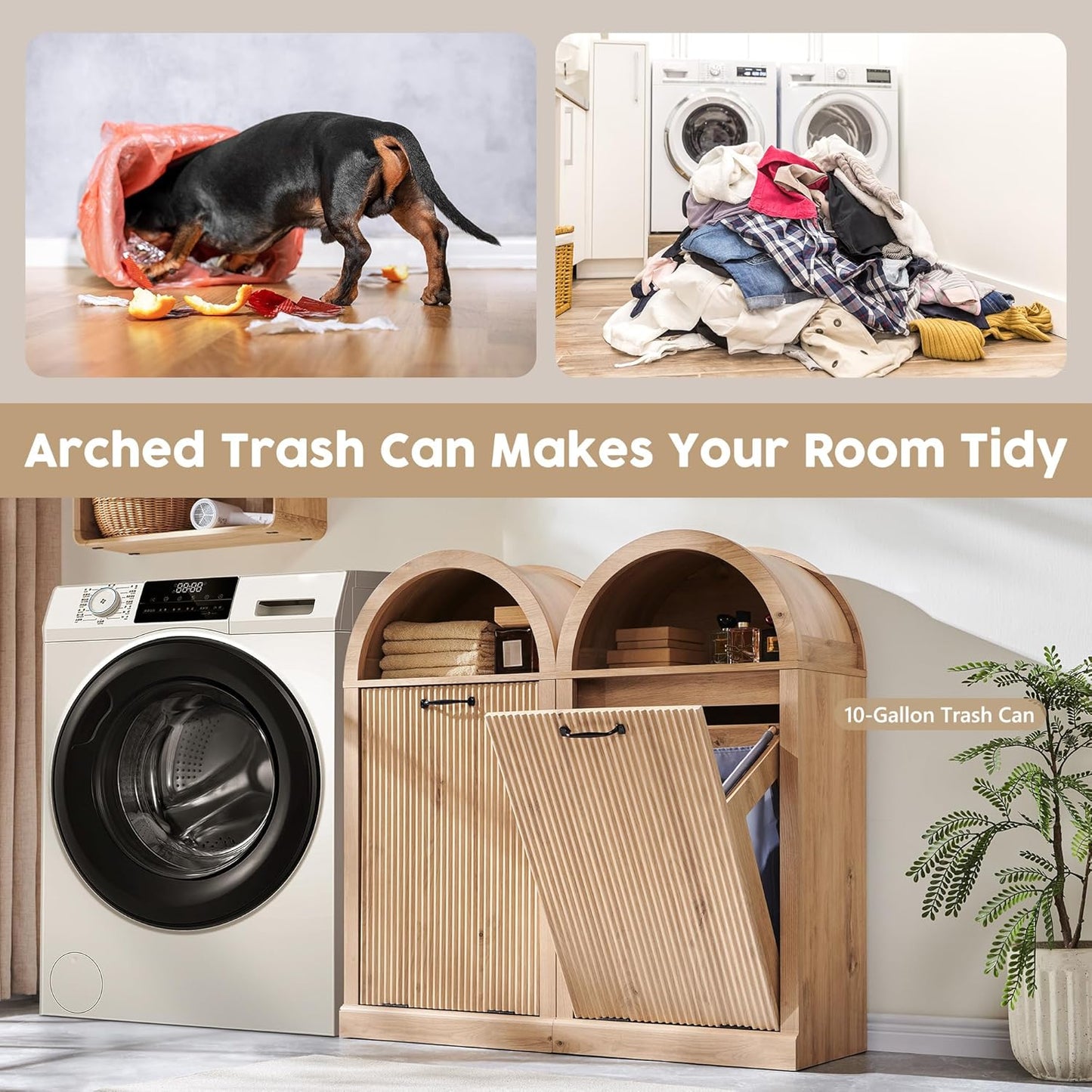 Arched Tilt-Out Trash Can Cabinet, Fluted 10 Gallon Trash Can with Open Shelf, Modern Laundry Hamper Cabinet, Hidden Garbage Can with Storage Basket for Kitchen, Living Room, Narural
