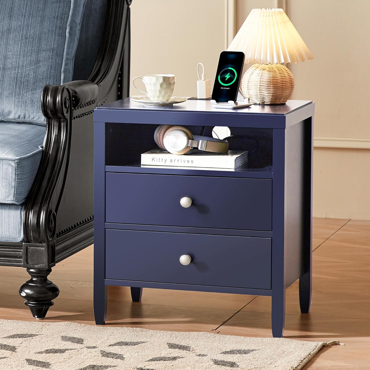 Huuger Blue Nightstand Set of 2, Night Stand with Charger Station, Bedside Table with 2 Drawers, Bed Side Tables for Bedroom, Modern Nightstands, Metal Knobs, Painted Surface