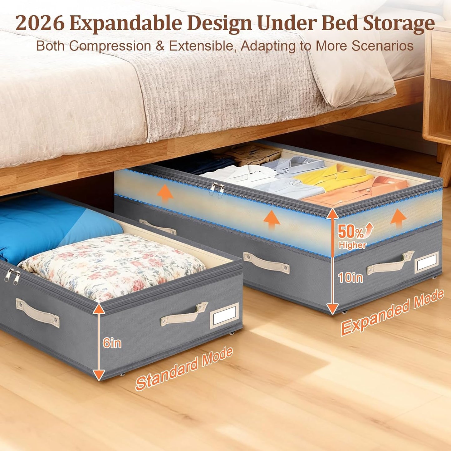 Dolicer 2 Pack Under Bed Storage with Wheels, 6in-10in Height Adjustable Underbed Storage Containers, 92L XXXL Under Bed Drawers Rolling Bin with Clear Lids for Dorm Shoes Clothes Organizers(Grey)