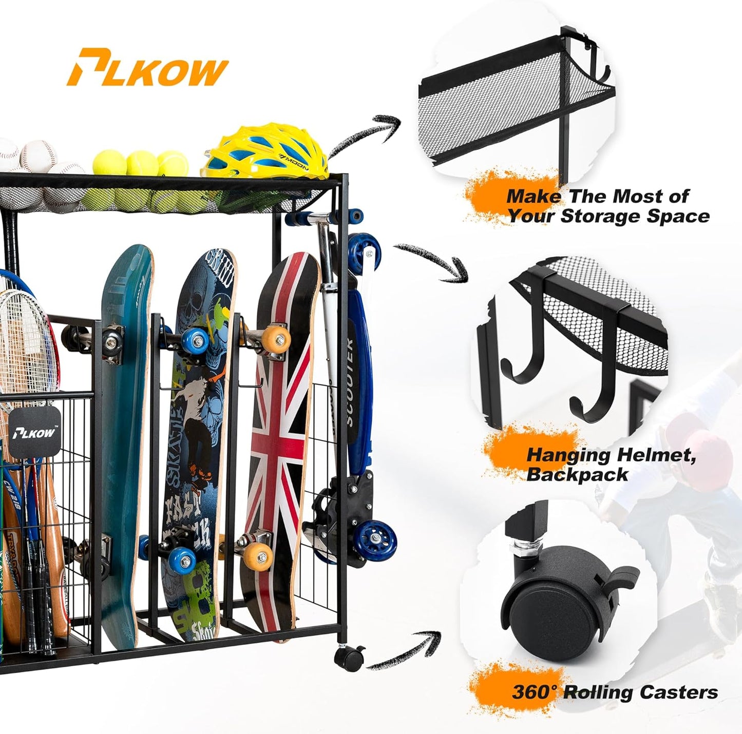 PLKOW Skateboard Storage Rack with Wheels, Sports Organizer for Skateboards, Scooters, Balls, Helmets and Sports Gear, Heavy Duty Sports Storage Rack for Garage, Home or School Use