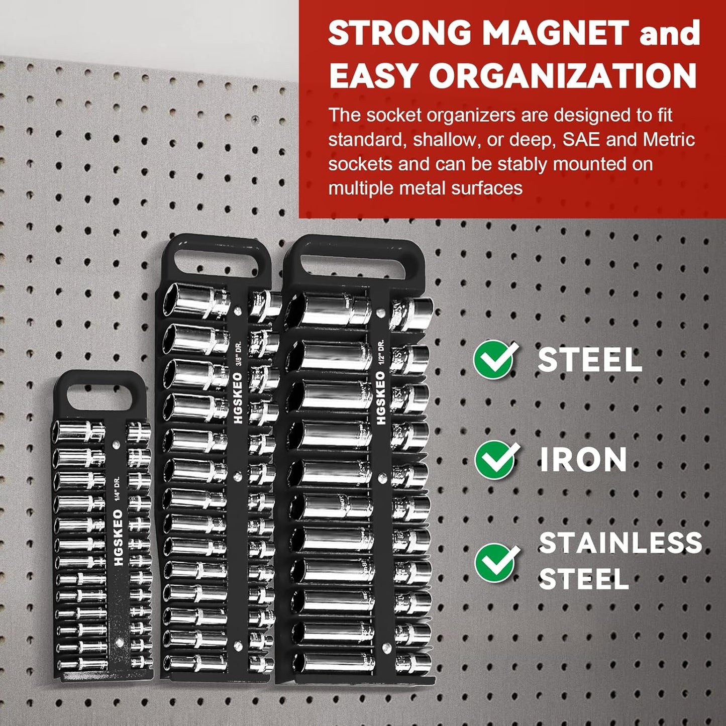 Magnetic Socket Holder Set with Handle, Portable Socket Organizer, Heavy Duty Socket Racks (Black, 3/8" Drive)