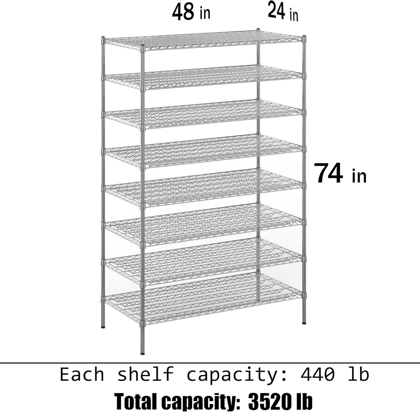 24" Deep x 48" Wide x 74" Height Wire Shelving Kit | 8-Tier | NSF Commercial Storage Rack Unit