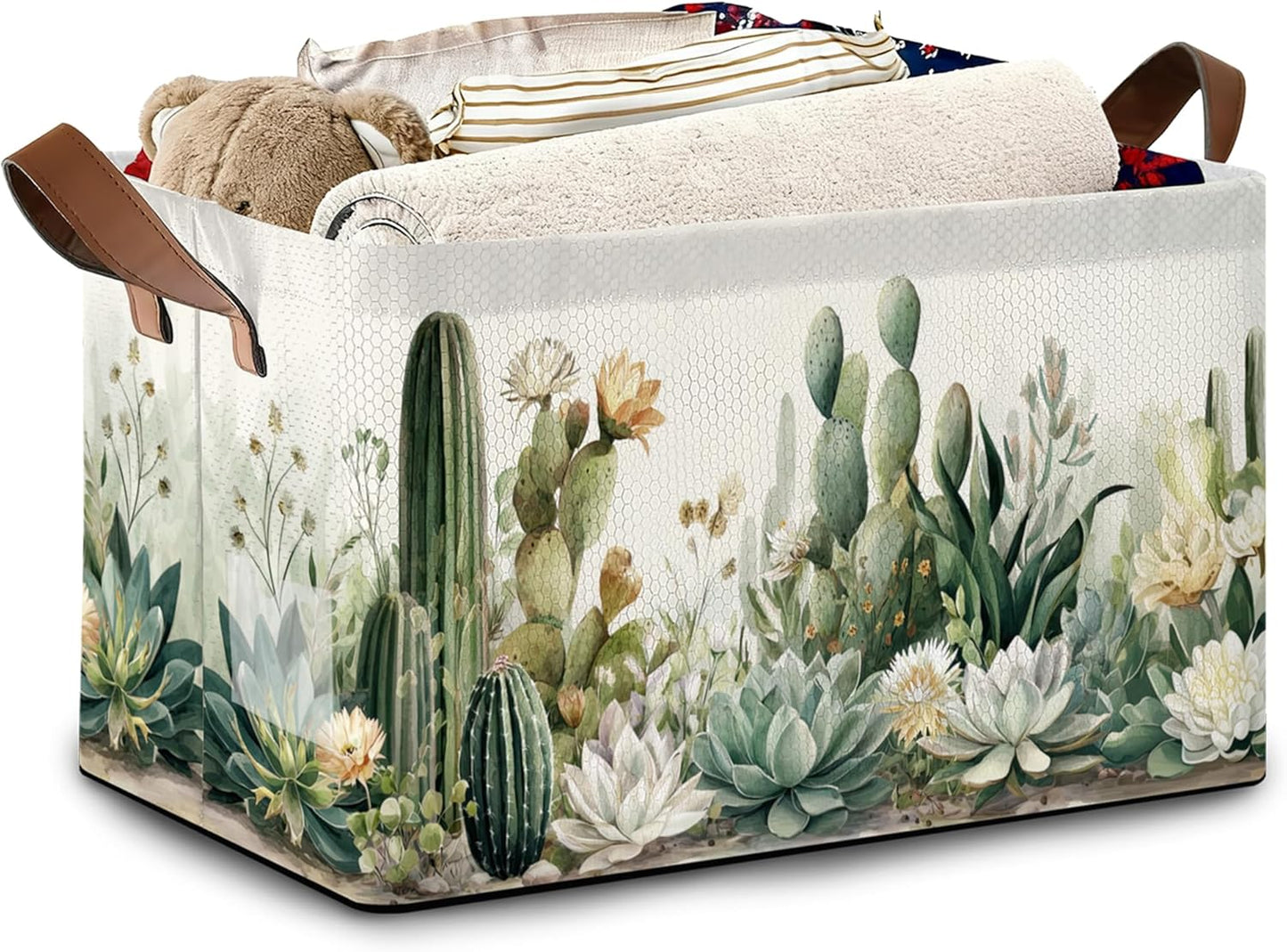 Cactus Succulent Collapsible Storage Box,Tropical Plants Organizer Bin with Handles for Room Decoration,Bins Book Basket Box 17x11.5x10Inch