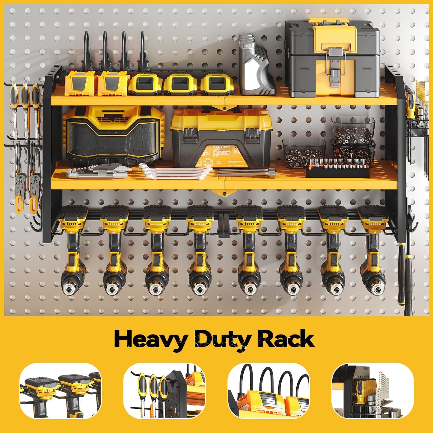 SOYEEZE Large Power Tool Organizer Wall Mount with Charging Station, 3 Layer Heavy Duty Metal Tool Storage Rack with 8 Drill Holder, Tool Holder Built in 8 Outlet Power Strip (Yellow)