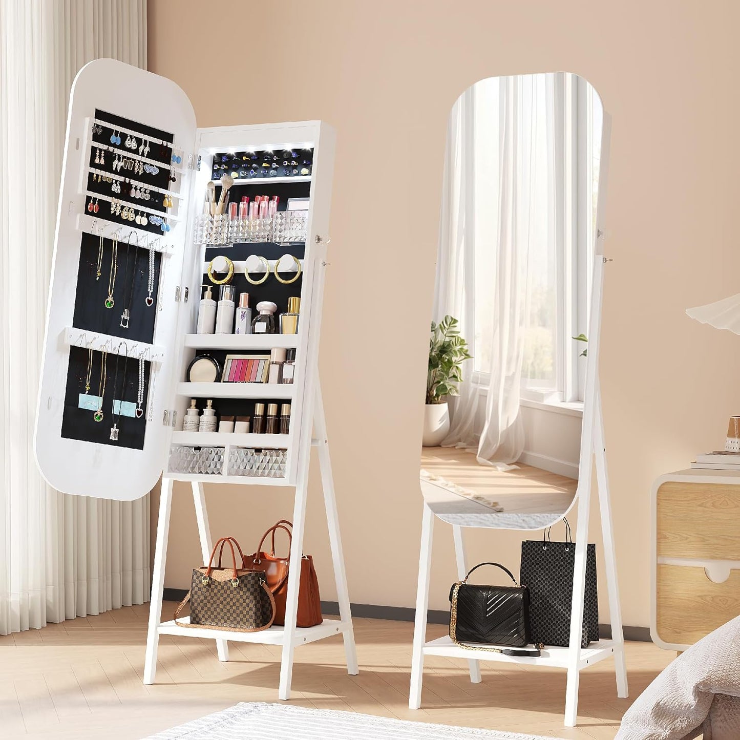 6 LED Mirror Jewelry Cabinet - Wall/Door Mounted Jewelry Armoire with Large Capacity - Lockable Tall Hanging Organizer - Cosmetic Storage & Gift Idea - White