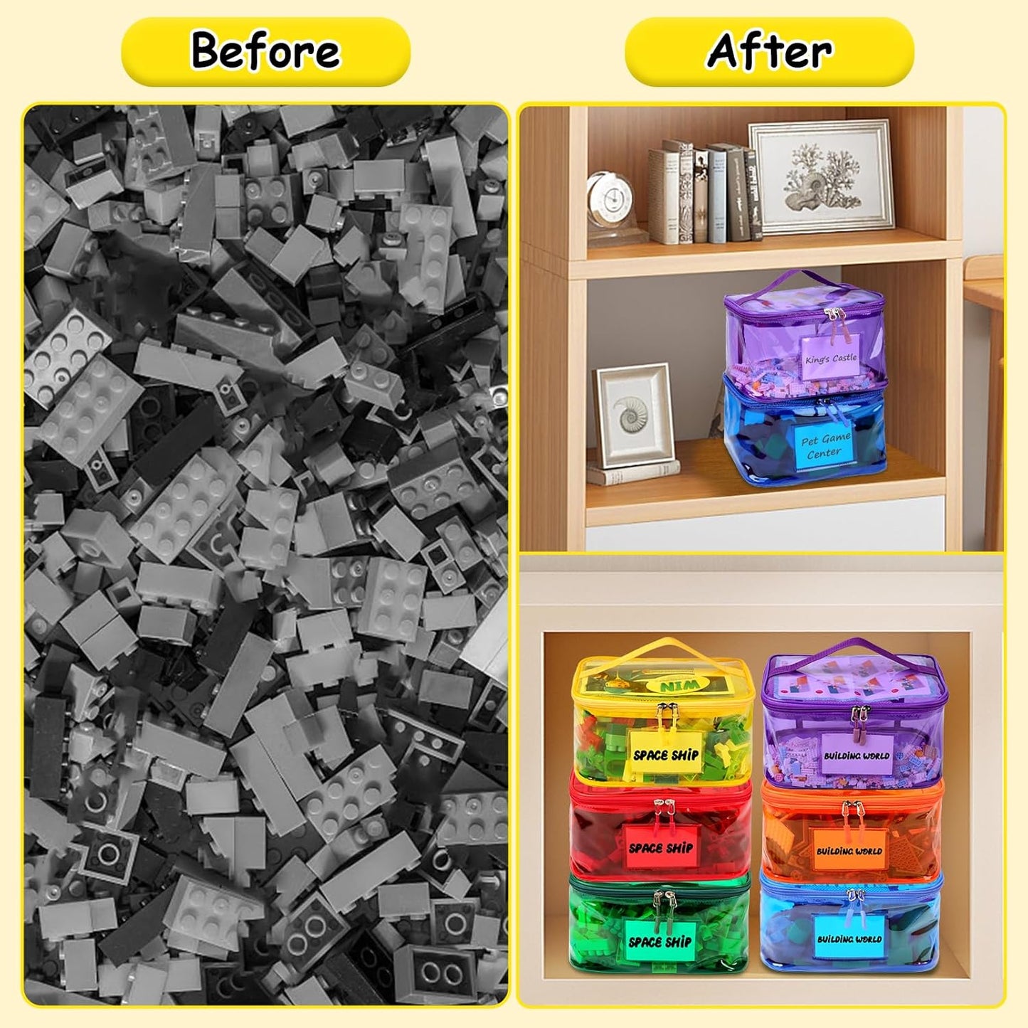 6 Pack Clear Toy Storage Bag with Name Tag& Manual Pocket, Waterproof Transparent PVC Toy Organizer Case for Lego Bricks, Board Games, Building Blocks, Puzzles (Large Capacity, Full Colourful)