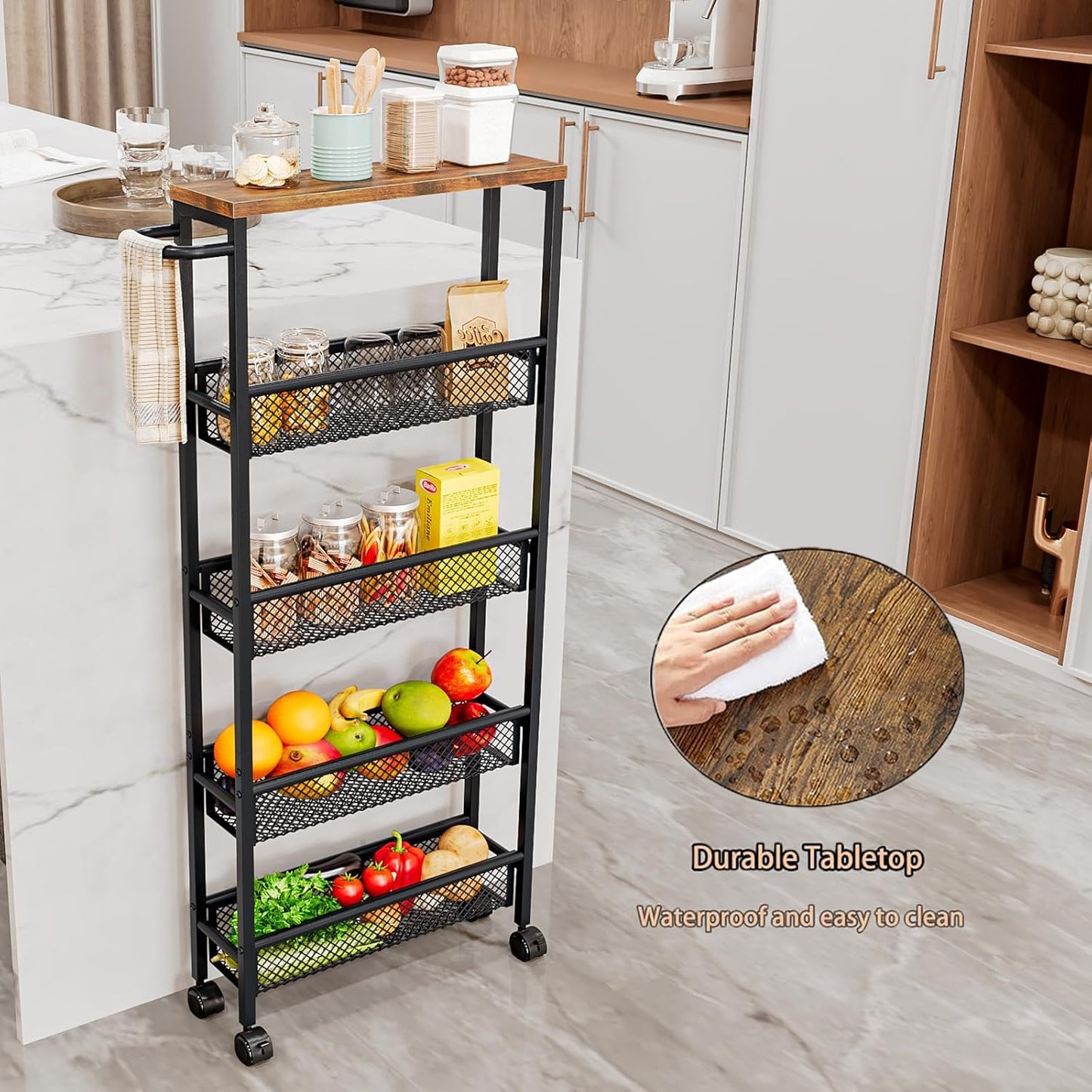 AZERPIAN Slim Rolling Cart 5 Tier Narrow Storage Cart on Wheels with MDF Board Top and Metal Handle for Small Space Kitchen Living Room Home Office Pantry Bathroom Laundry (16.38 x 5.12 x 39.17 inch)