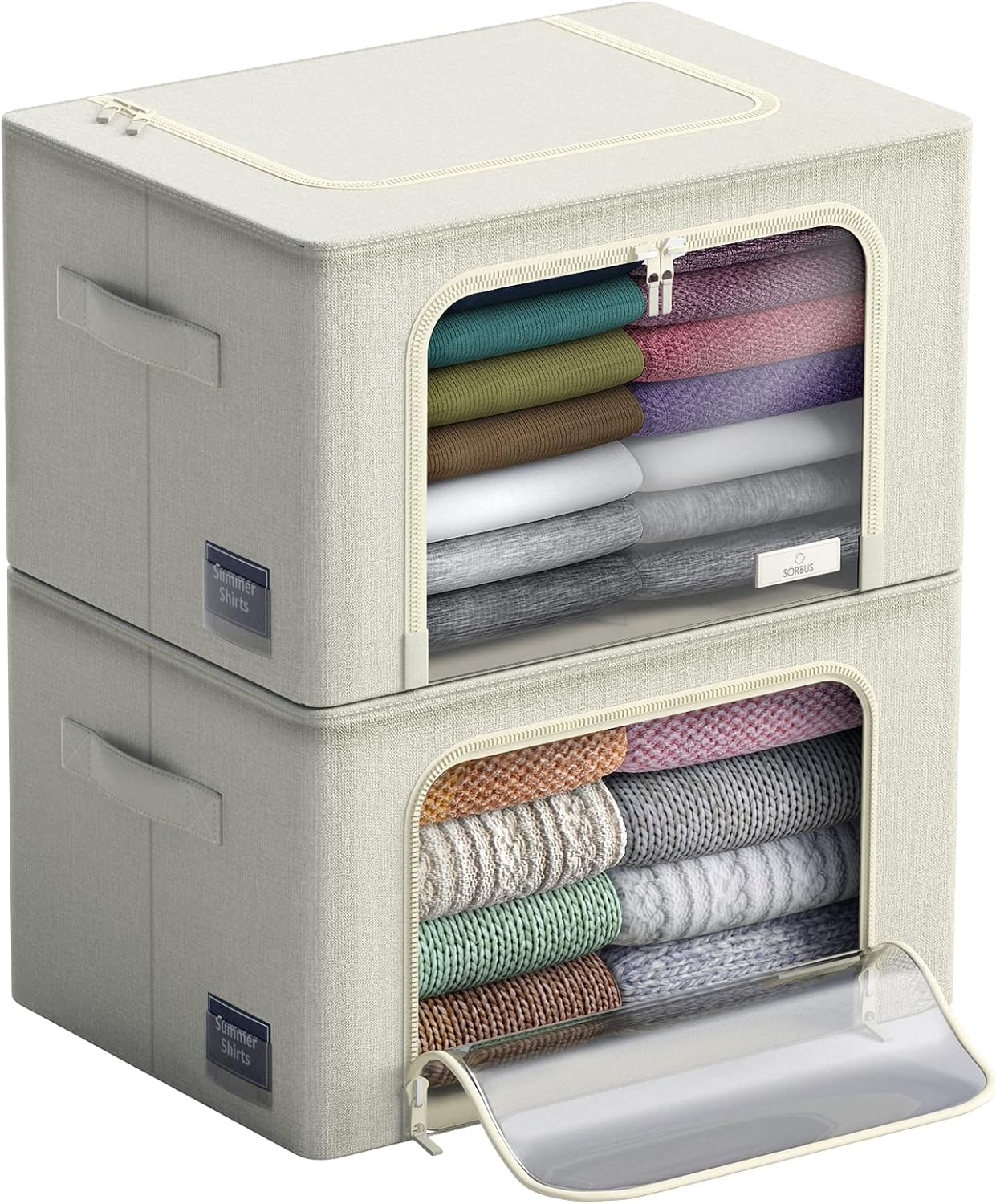 Sorbus Storage Bins with Metal Frame - Stackable & Foldable Clothes Organizer Bags - Oxford Fabric Storage Containers with Large Clear Window & Carry Handles Organization for Bedding Linen & Clothing