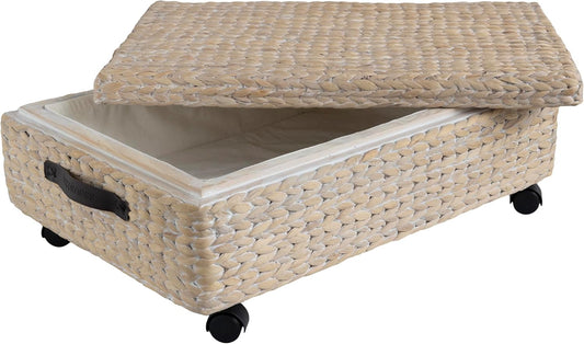 happimess BSK1006D Chett 26.38" Minimalist Hand-Woven Hyacinth/Wood Underbed Storage Bin with Wheels and Handles, White Wash/Dark Brown for Storage and Decoration in Bathroom, Bedroom, Living Room