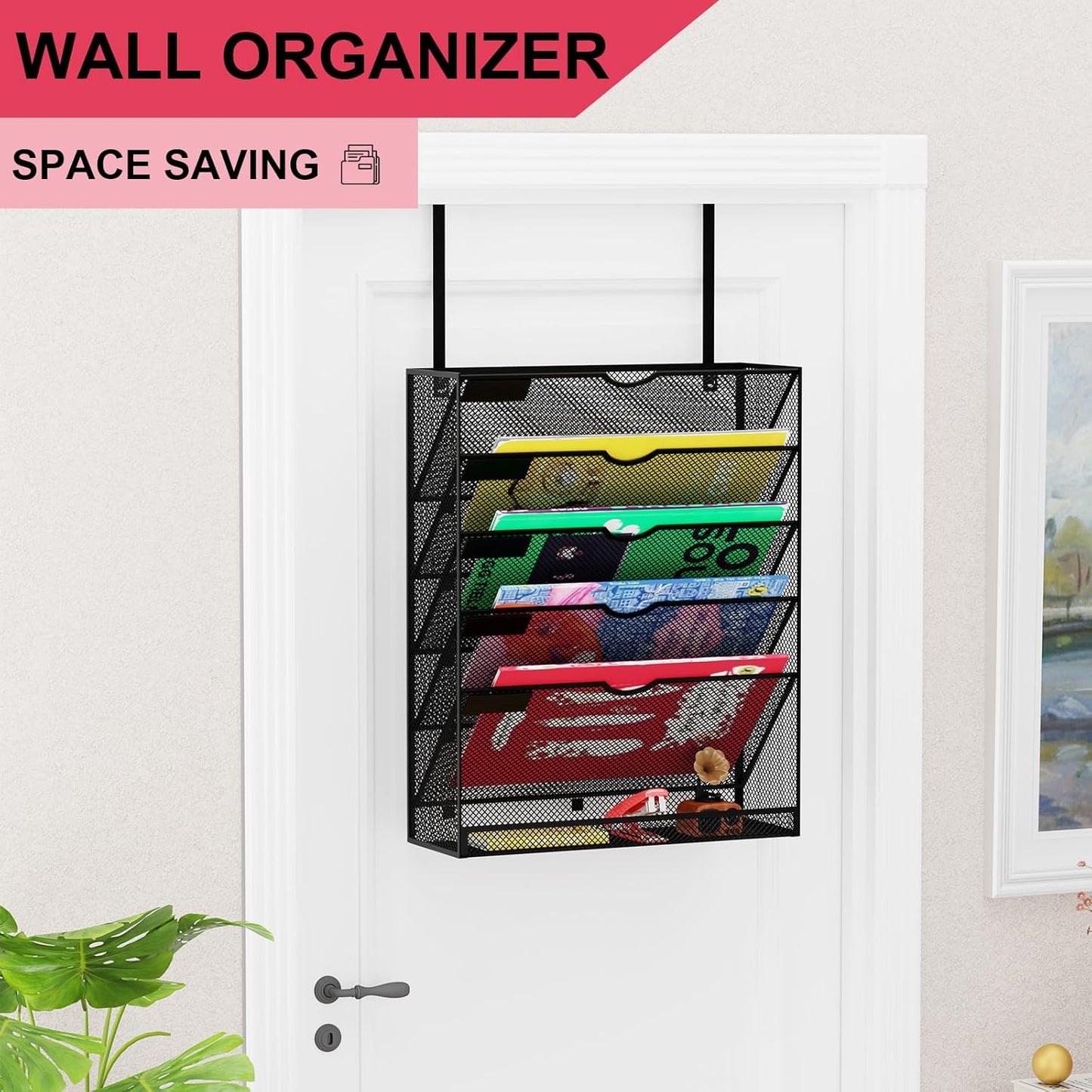 6-Tier Hanging File Organizer Office Cubicle Accessories for Work Organizer Wall Mount File Holder for Mails Folders Papers Magazine Organization, Black