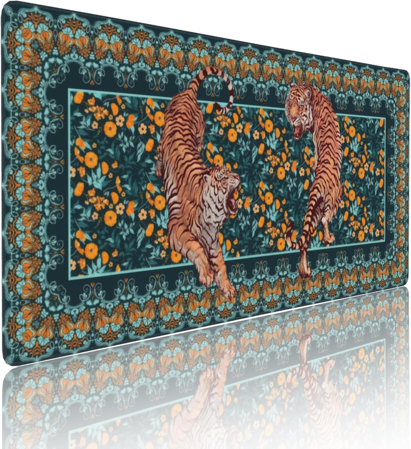 Vintage Floral Tiger Large Mouse Pad, Vintage Aesthetic Gaming Desk Mat, XXL Keyboard Desk Pad Mat for Desktop, 35.4"x15.7" Non-Slip Base Big Mousepad with Stitched Edges